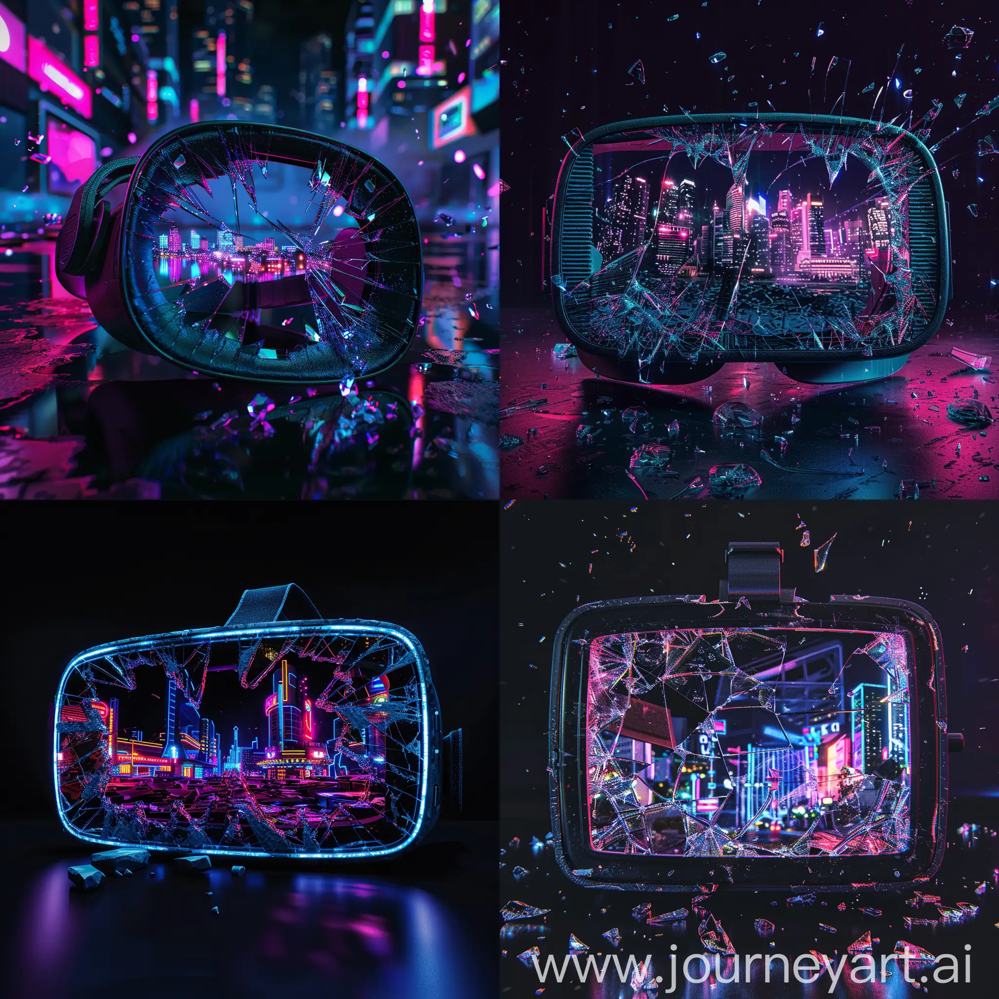 dark scene of abandoned vr headset, its front glass pane is shattered and through the broken glass the ruins of a neon city can be seen