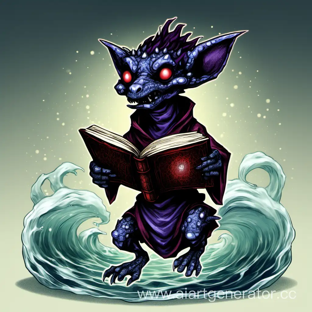 a kobold with a grimoire that exudes darkness in the form of waves