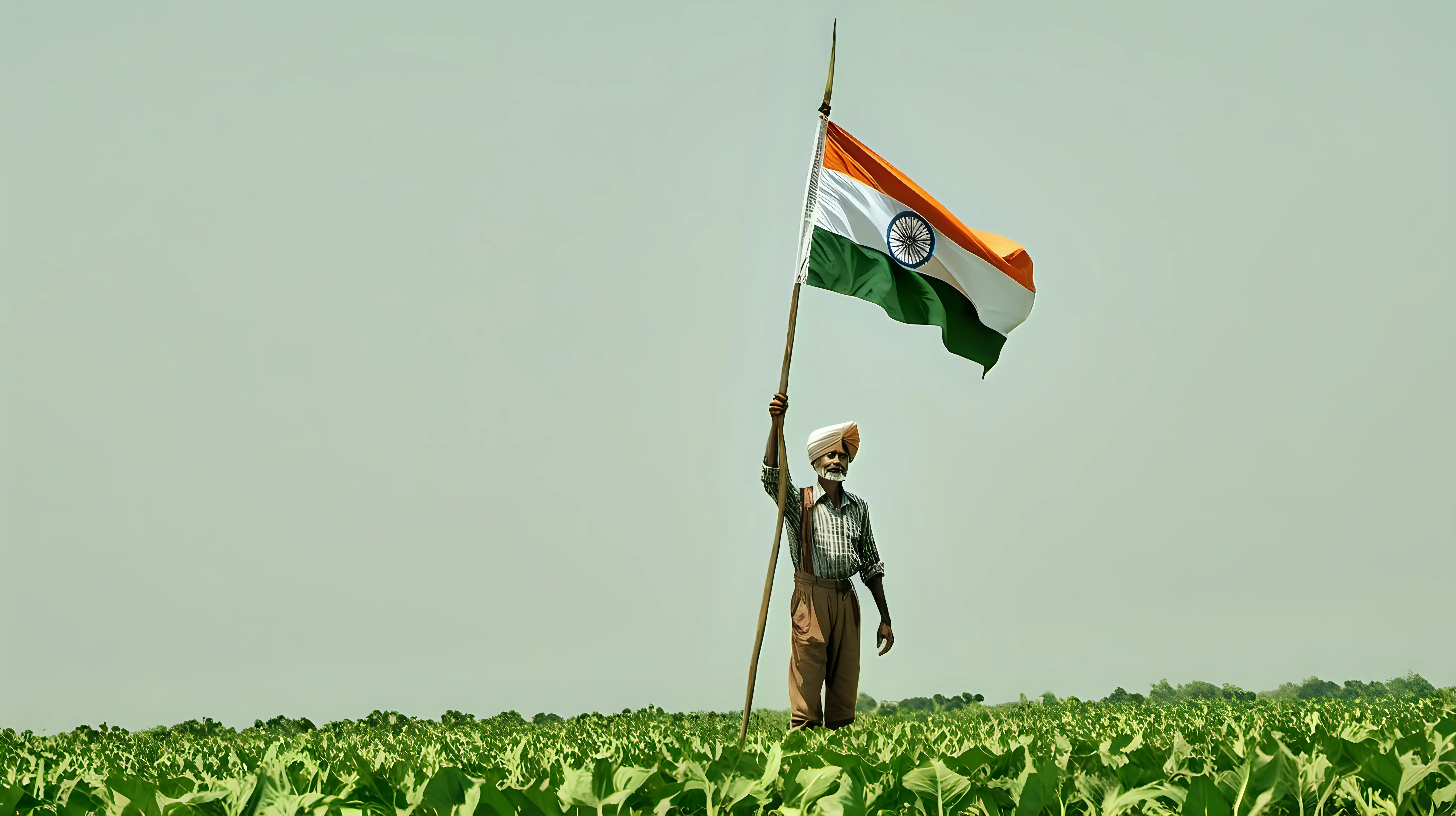 A farmer raising the Indian flag high above their fields, symbolizing their contribution to the country's agricultural prosperity and food security.