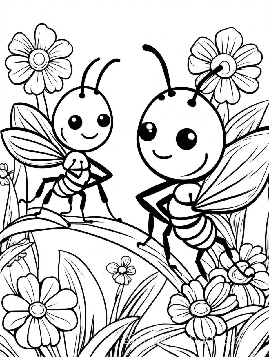 Adorable-Mom-and-Baby-Ants-Coloring-Page-with-Flowers