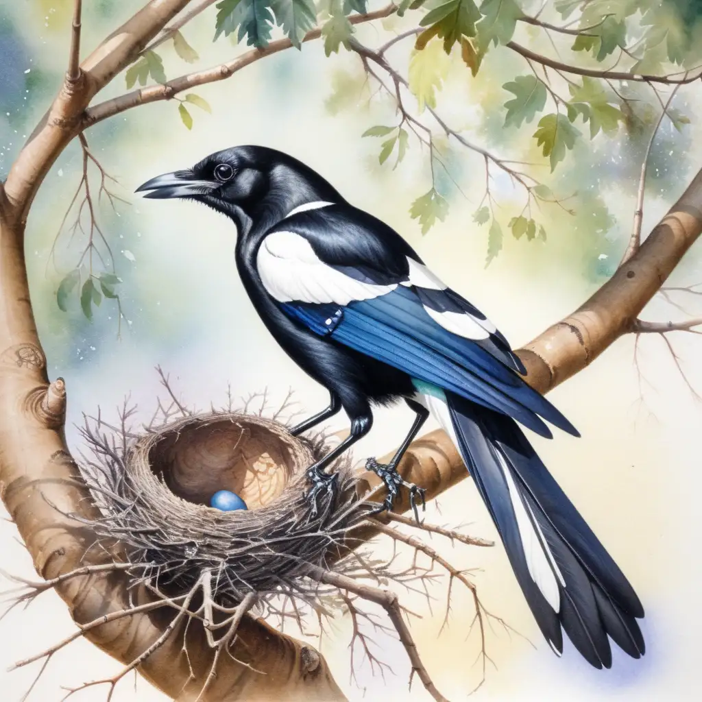 Magpie Building Nest in Tree Watercolor Wildlife Art