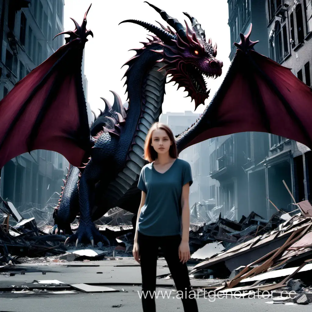 парень с девушкой на фоне дракона в полуразрушенном  городе