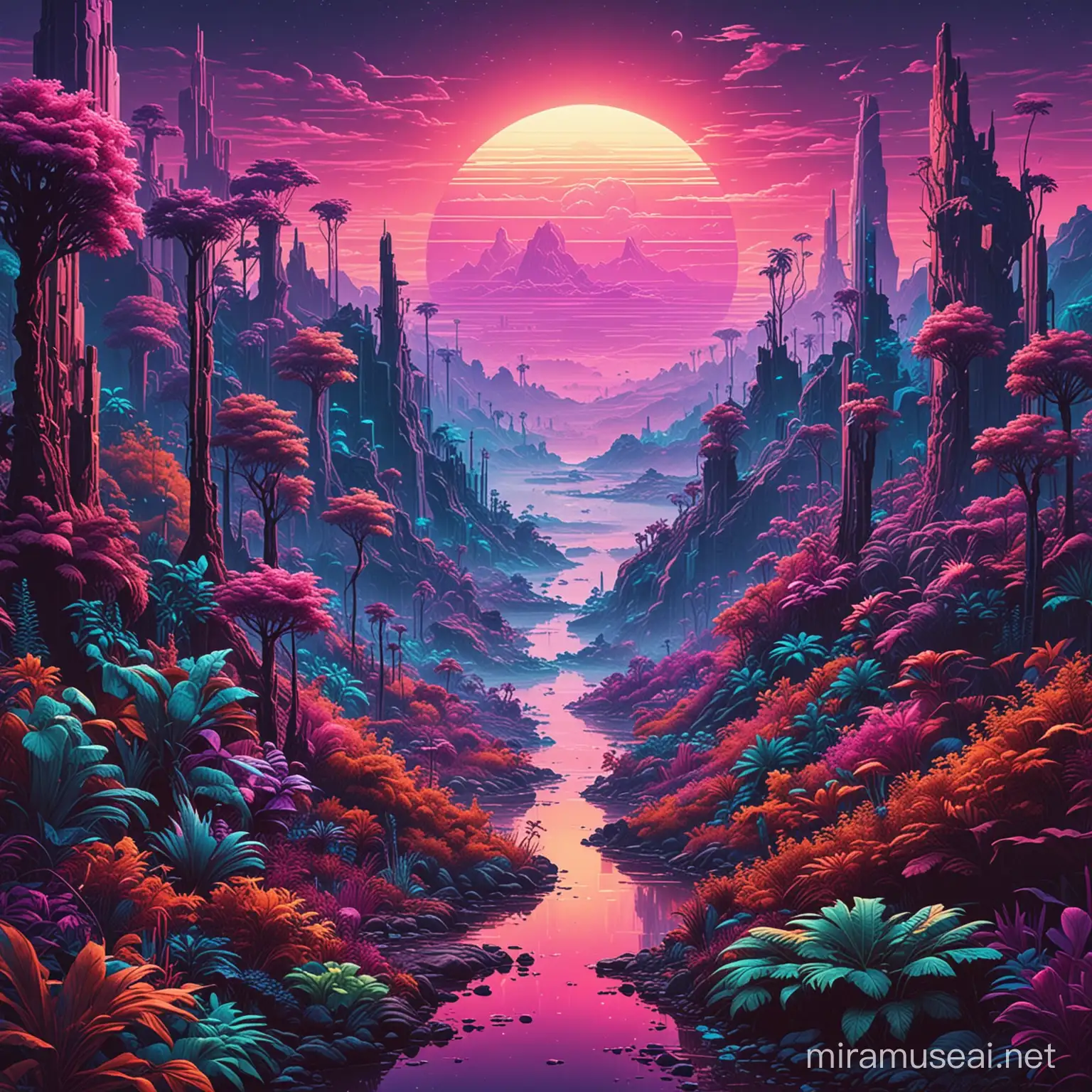 Multiple habitats/microclimates in single image; synthpop or synthwave style.
