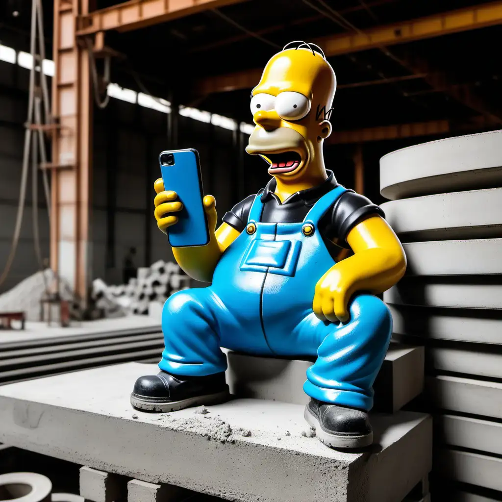 Homer simpson working in a concrete factory producing concrete rings and stacking them manually. he’s wearing blue suspended overalls, black work shoes and a black t-shirt and is looking at his mobile phone
