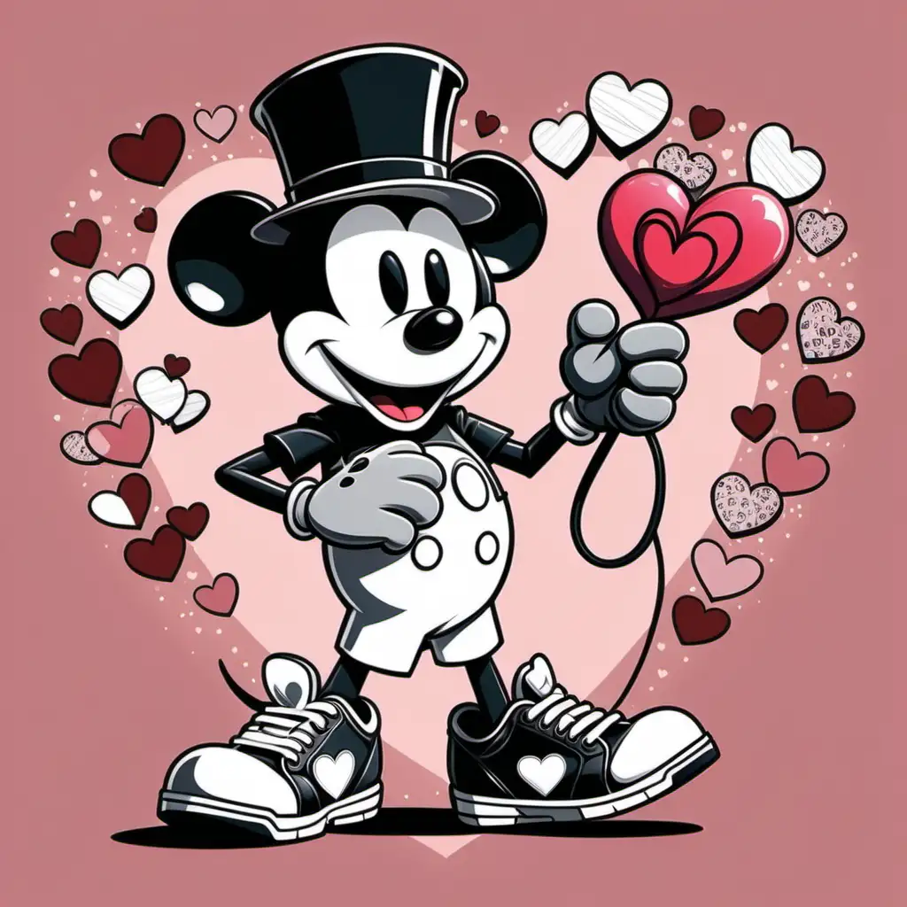 line art steamboat willie wearing black gloves, hat and sneakers with valentines day theme with color ar 17:22