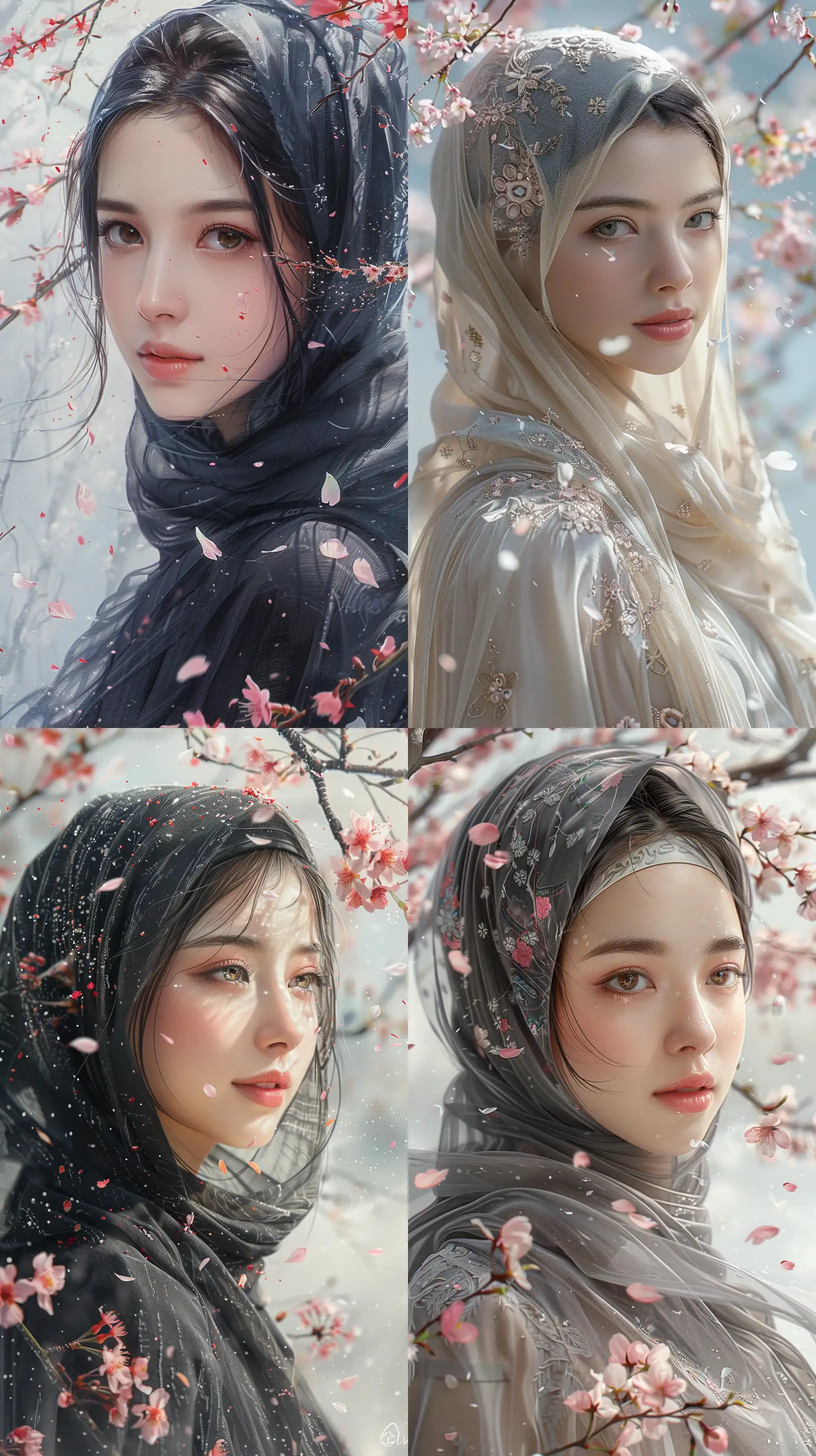 Eastern beauty with a gentle gaze in hijab, under the cherry blossoms. Capture the falling petals in the wind. Use ink wash technique for delicate transitions, accentuating the soft morning light and pastel palette. Portrait aspect ratio, refine details --s 750 --ar 9:16
