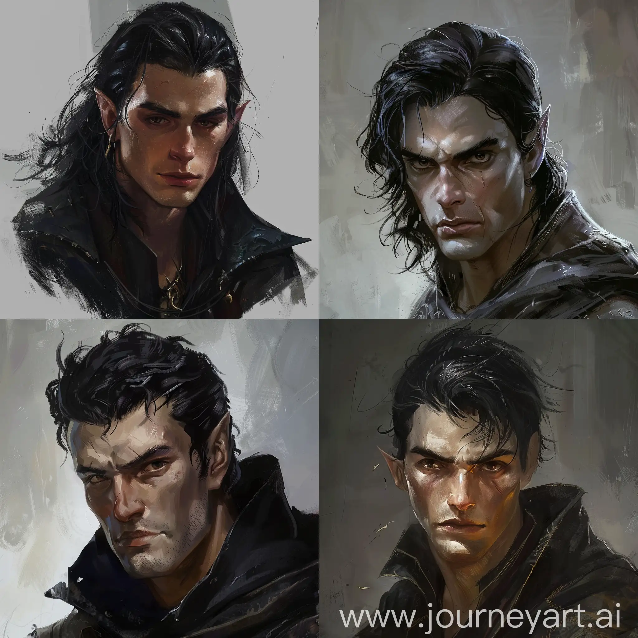 DND Rogue,male human,has a sharp jawline.Black haired.Staring.