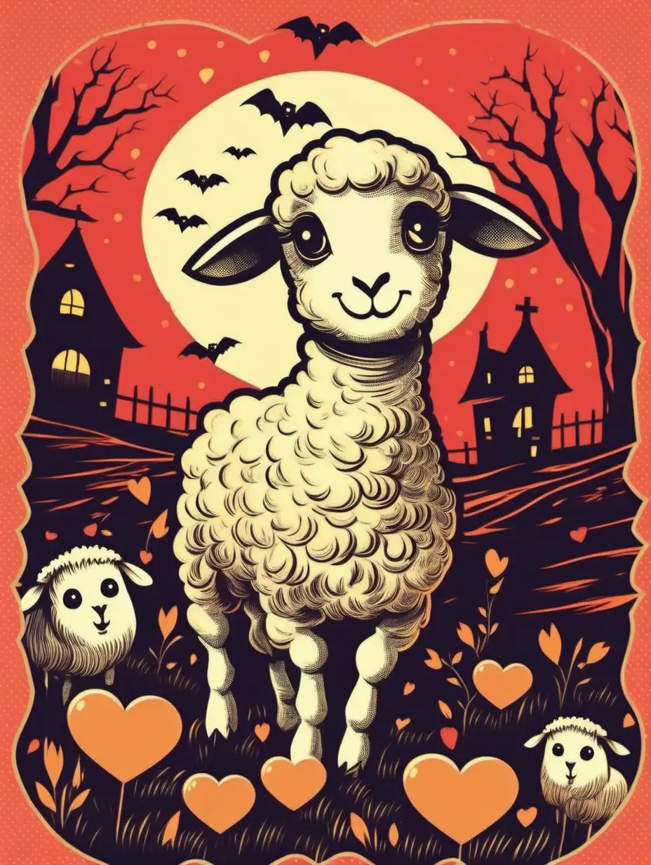 a vintage kitsch valentines day card that has a halloween theme juxtaposition with a creepy but cute lamb,  vector illustration
