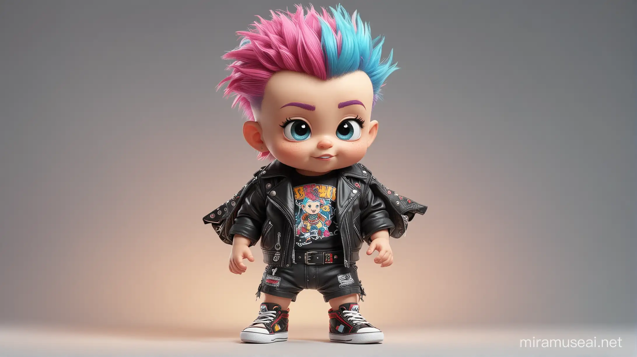 Cute Cartoon Baby Punk with Colored Crest Hair Leather Jacket Diaper and Sneakers