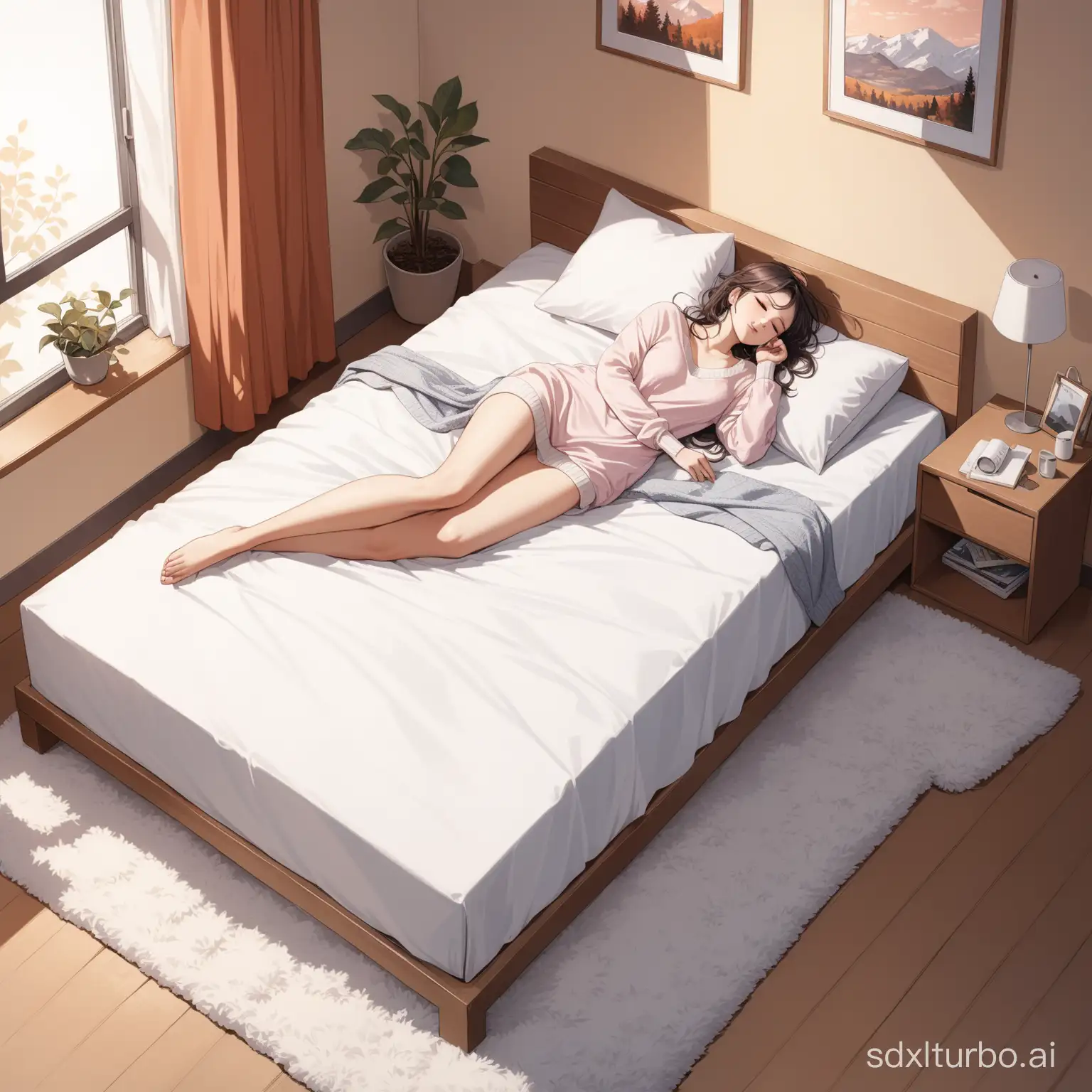 high detailed, full body, cozy background, modern, laying in bed, warm