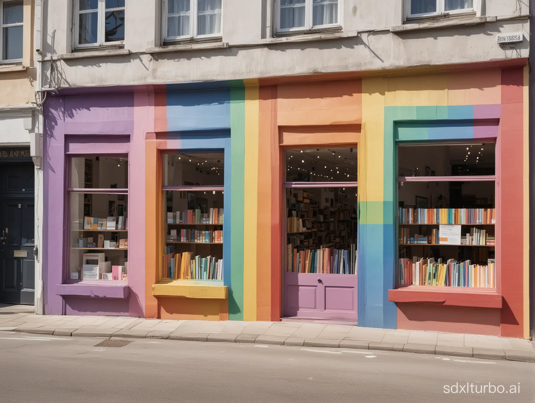 a photography of the front of a design shop, boxes with rainbow colors are exposed inside
