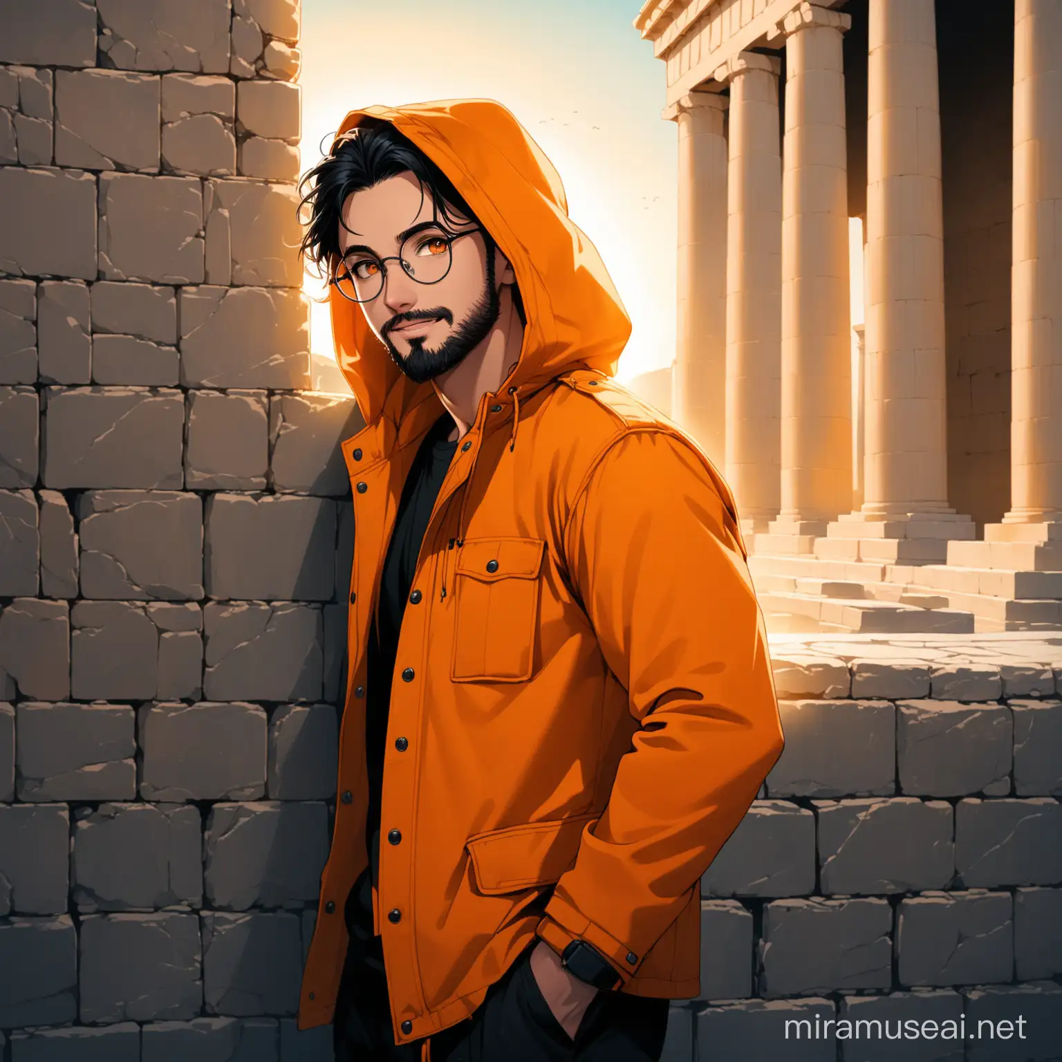 (masterpiece) , black hair, small round glasses, undercut hair, orange bangs, wear hood, bright orange eyes, short 1 shaved beard, wearing orange parka, military black pants, black combat boots, happy face expression , lean on the wall, hands on the pocket, upper body in frame. antiquity, grece monument, vivid, cinematic lighting