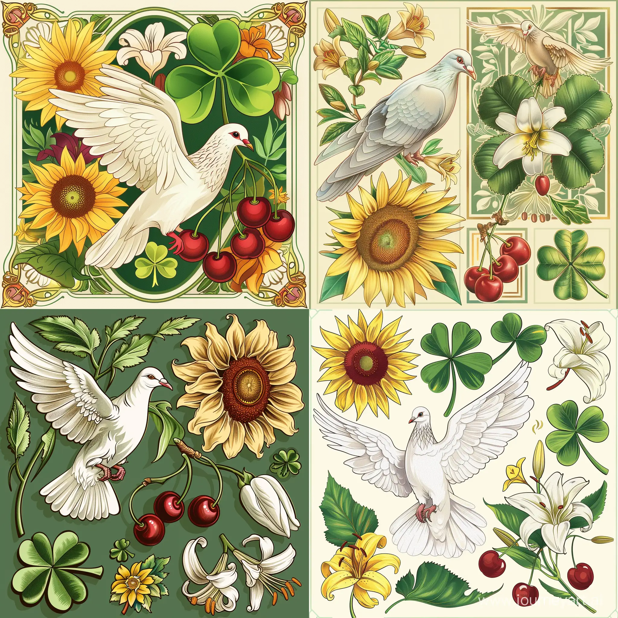 Dove, sunflower, lily, cherry, four-leaf clover, Alphonse Mucha style, in flat style, high quality details