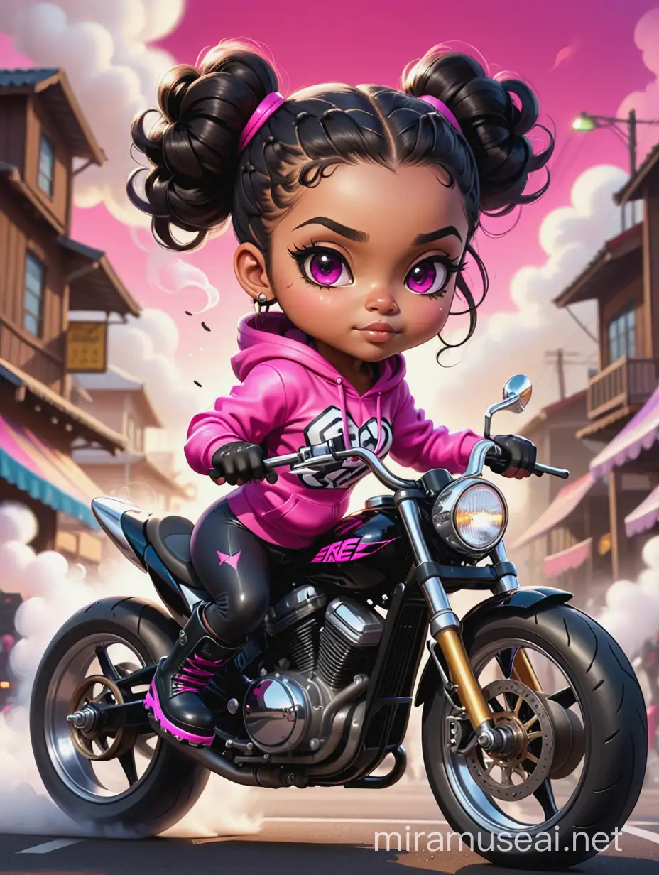 Create a expressionism illustration of a chibi cartoon full figure black female riding a sports motorcycle. She is wearing hot pink hoodie and black tights with biker boots. Prominent make up with log lashes and hazel eyes. Extremely highly detailed black shiny wavy hair up in a messy bun. Background of smoke surrounding her and the bike and she's at a bike show.