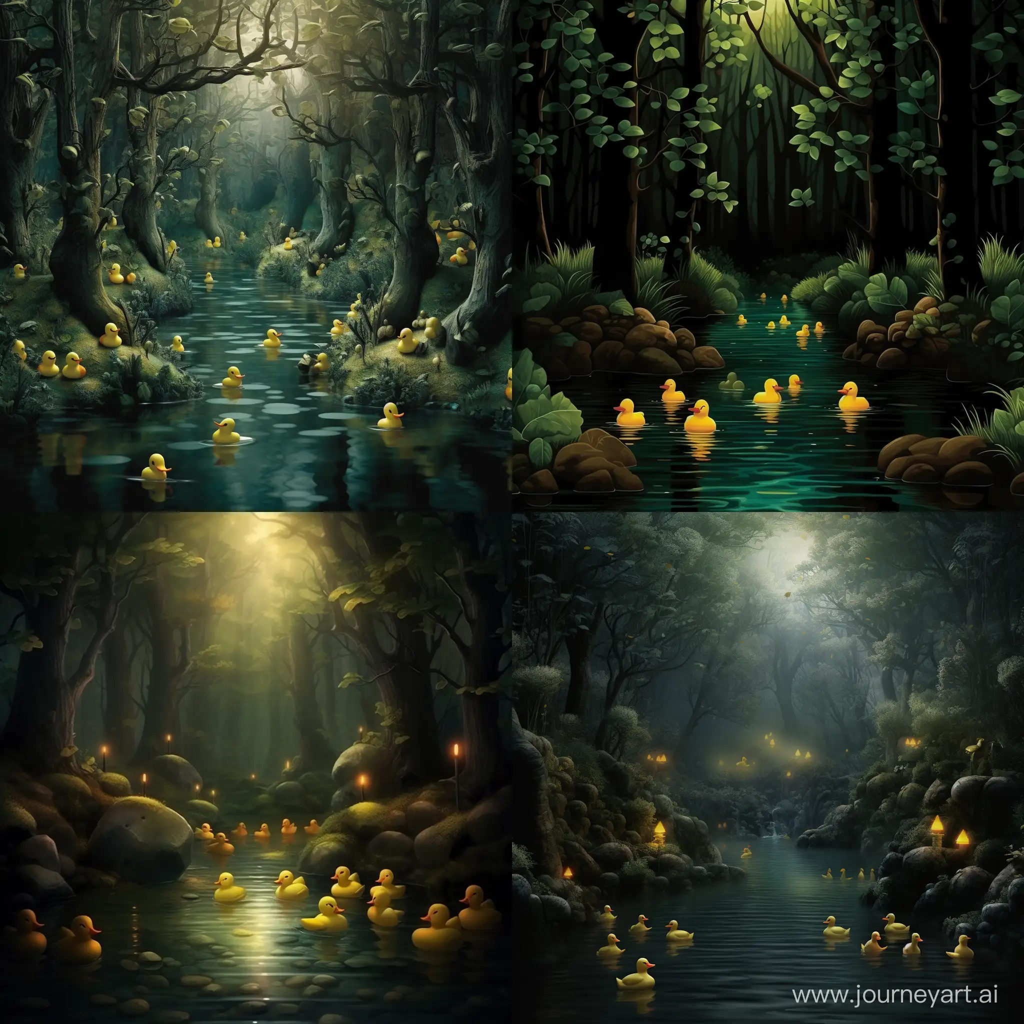 a mysterious forest with rubber ducks (wallpaper)