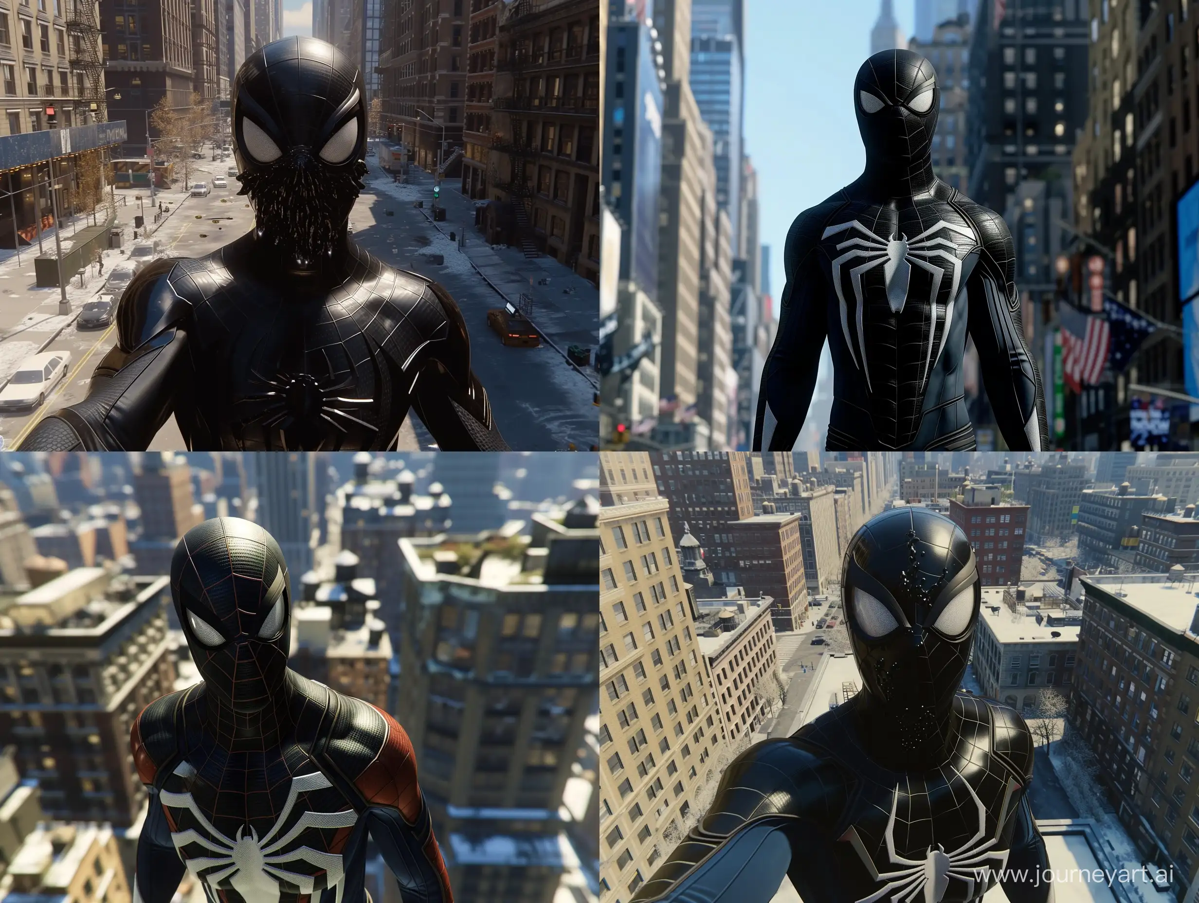 A screenshot of Peter Parker wearing the black Symbiote suit in Marvel's Spider-Man game for PS5, standing in New York City with a full view of the open world.


