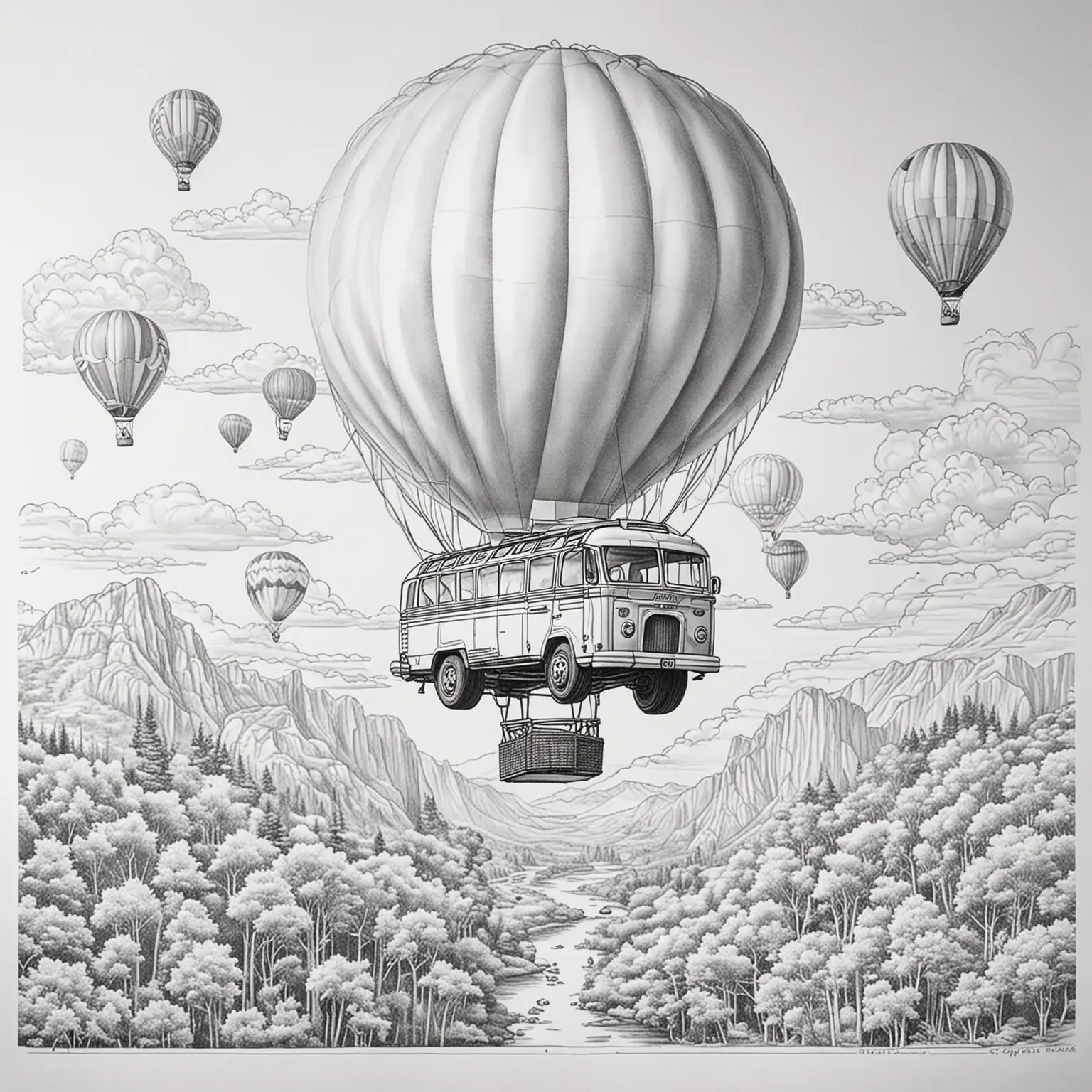 white coloring page bus attached to hot air balloon

