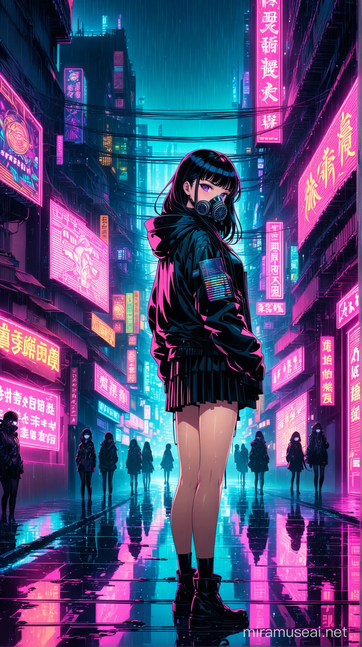 Kyoto animation stylized anime mixed with futuristic cyberpunk artworks ~ female wearing gas mask, long straight black hair, school girl outfit, Neon buildings at modern cyberpunk fantasy world, Neon signs, rain, puddle of water, reflection of girl in the puddle, different colored neon signs. Cinematic Lighting, dark lighting, ethereal light, intricate details, extremely detailed, complex details, insanely detailed and intricate, hypermaximalist, extremely detailed with rich colors. masterpiece, best quality, aerial view, HDR, UHD, unreal engine. Smooth thighs, long straight black hair, playful aura, beautiful face, violet eyes, winking, lollipop, cool pose, ((acrylic illustration by artgerm, by kawacy, by John Singer Sargenti) dark fantasy background, blade runner, akira, fair skin, rich in details, high quality, gorgeous, dystopian, neon signs, final fantasy style, gorgeous, glamorous, 8k, super detail, gorgeous light and shadow, detailed decoration, detailed lines, manga book cover, cinematic, glitchy aesthetic
