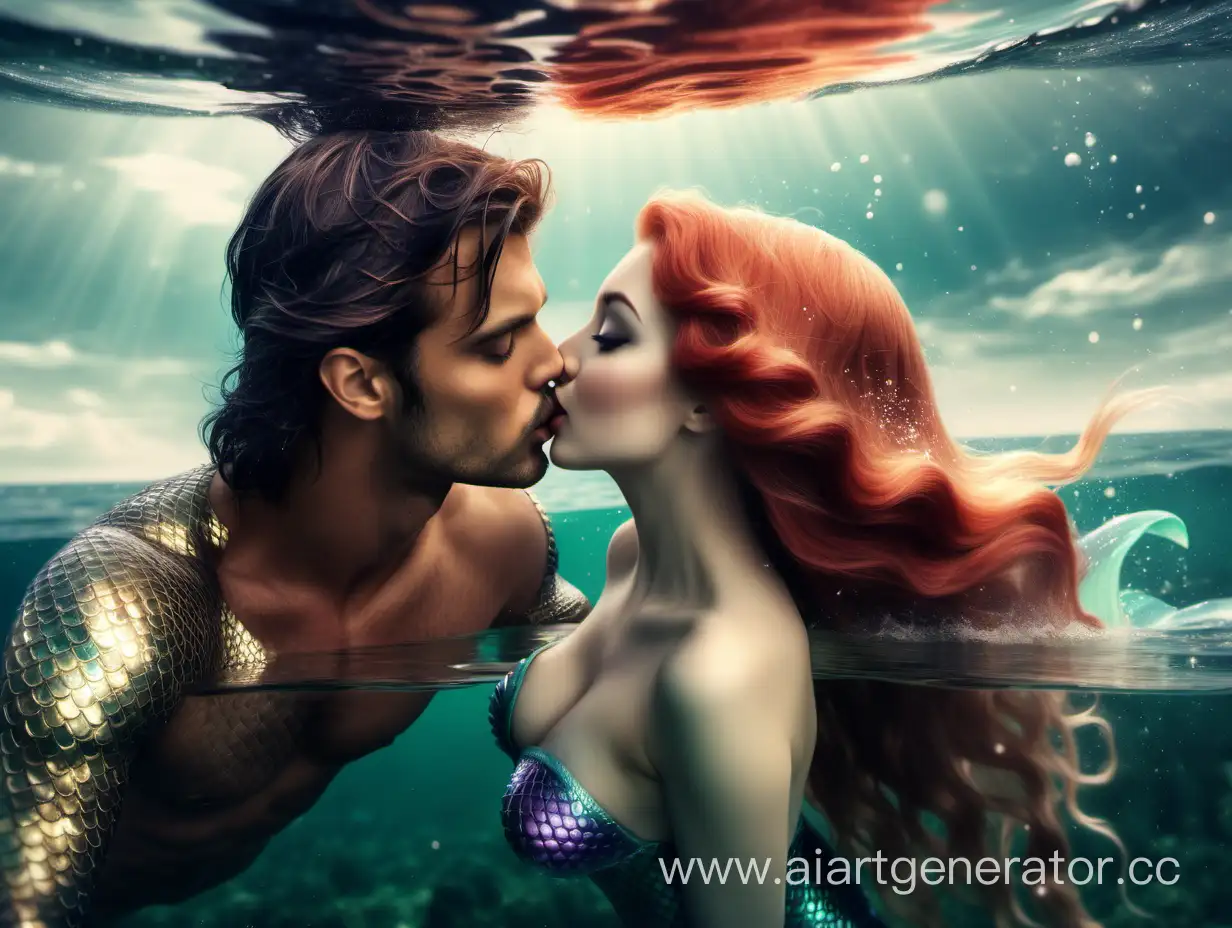 красивая русалка соблазняет красивого мужчину в океан, целуя