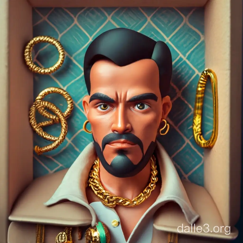 “90s plastic action figurine of  <a handsome Italian 30 year old man , tanned skin, brown eye color, short neat hair, tattoos, jazzy shirt , gold chain and rings >. The figurine is displayed inside a box with <el tacodor action figure> and logo for the box, allowing visibility of the figure, typography, 3D render”