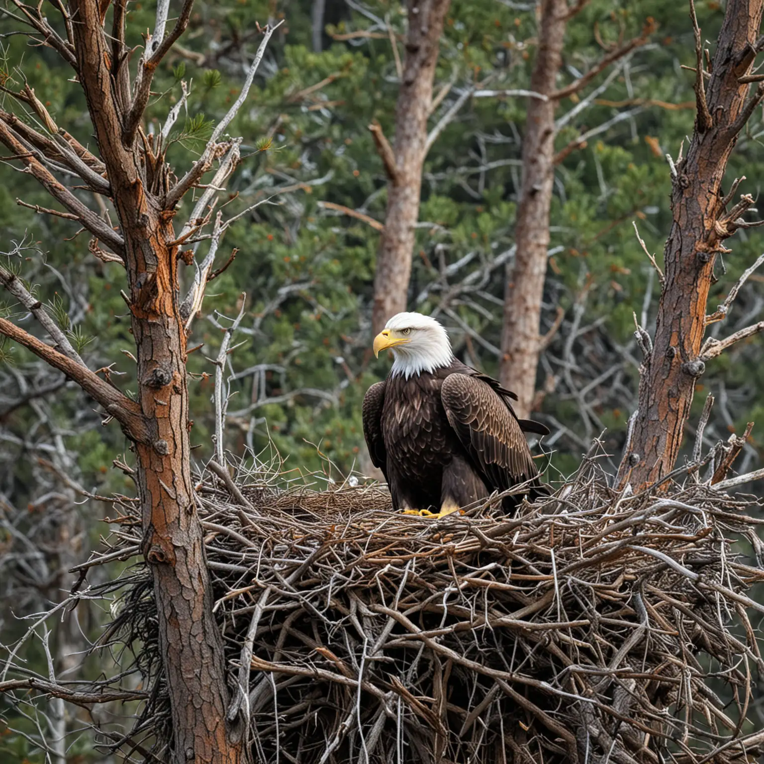 Majestic Eagle Nesting in Pine Tree Crown