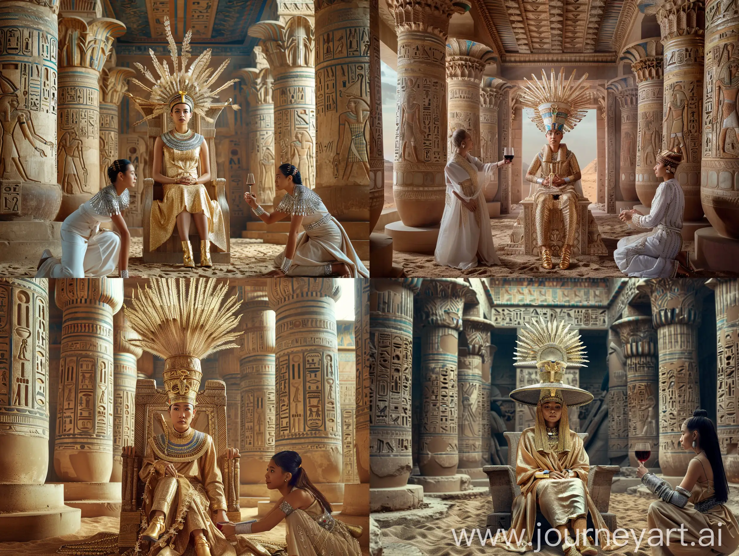 Inside the ancient Egyptian palace, landscape depth, detailed carved columns, in the middle is the throne, the queen sits cross-legged on the throne, wearing golden shoes, robe crafted with small gold details soft, thin gold plated like long feathers combined into a hat, the queen has an Asian face, 21 years old, her hands are placed on the throne, her wrists have many silver bracelets, the female servant kneels to offer wine to the queen. Studio-style lighting focuses on the subject