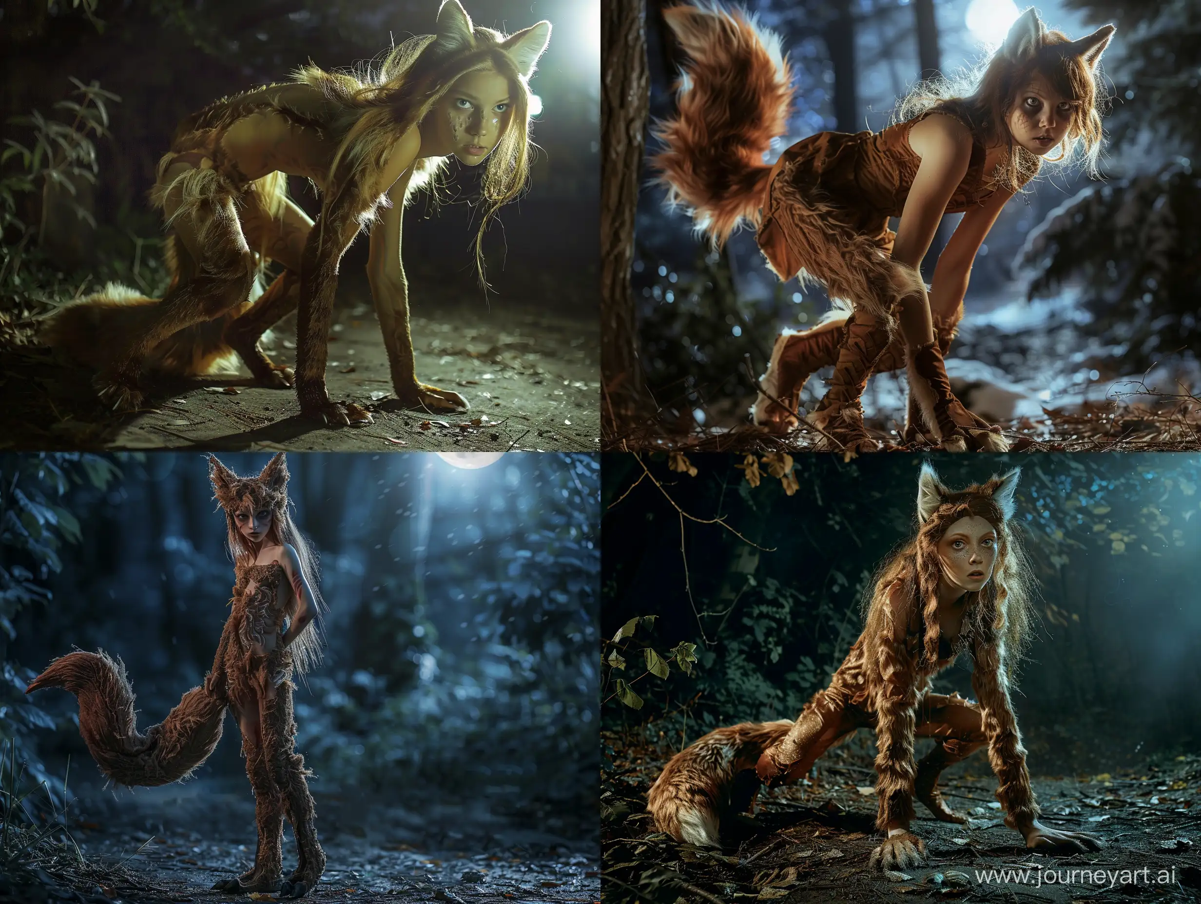 A photograph of a young woman who is transforming into a fox due to a magic spell. She has fur, a tail and paws. She has no human features left. She is standing on all fours in a forest at night. Full body picture, moonlight