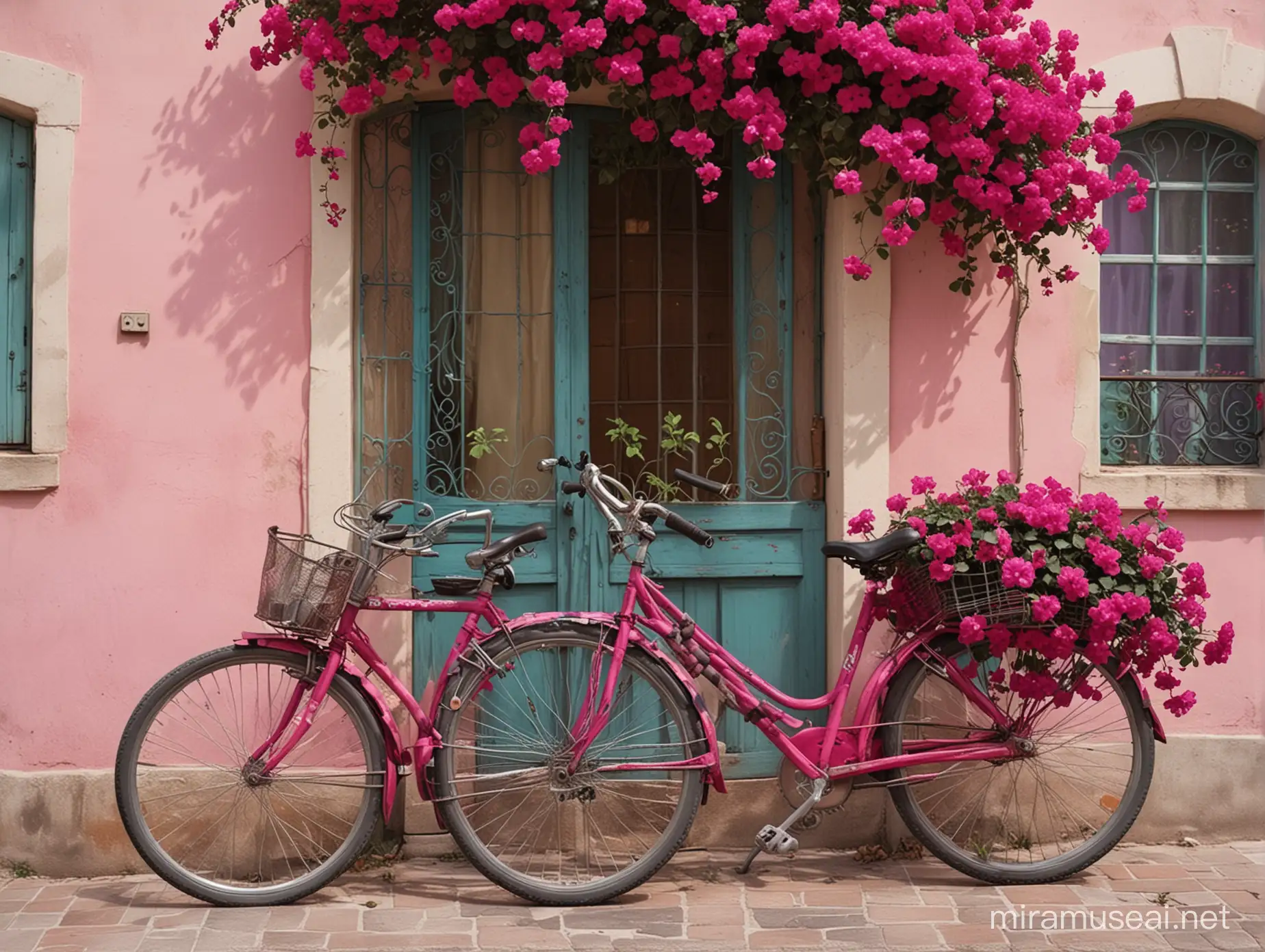 Imagine a realistic and captivating photo of an object of 'Italian style' design. Romantic, Romeo and Juliette style. Add accurate and realistic details to the scene. Add a bicycle and pink, red, and teal graffiti and purple bougainvilleas to the scene.