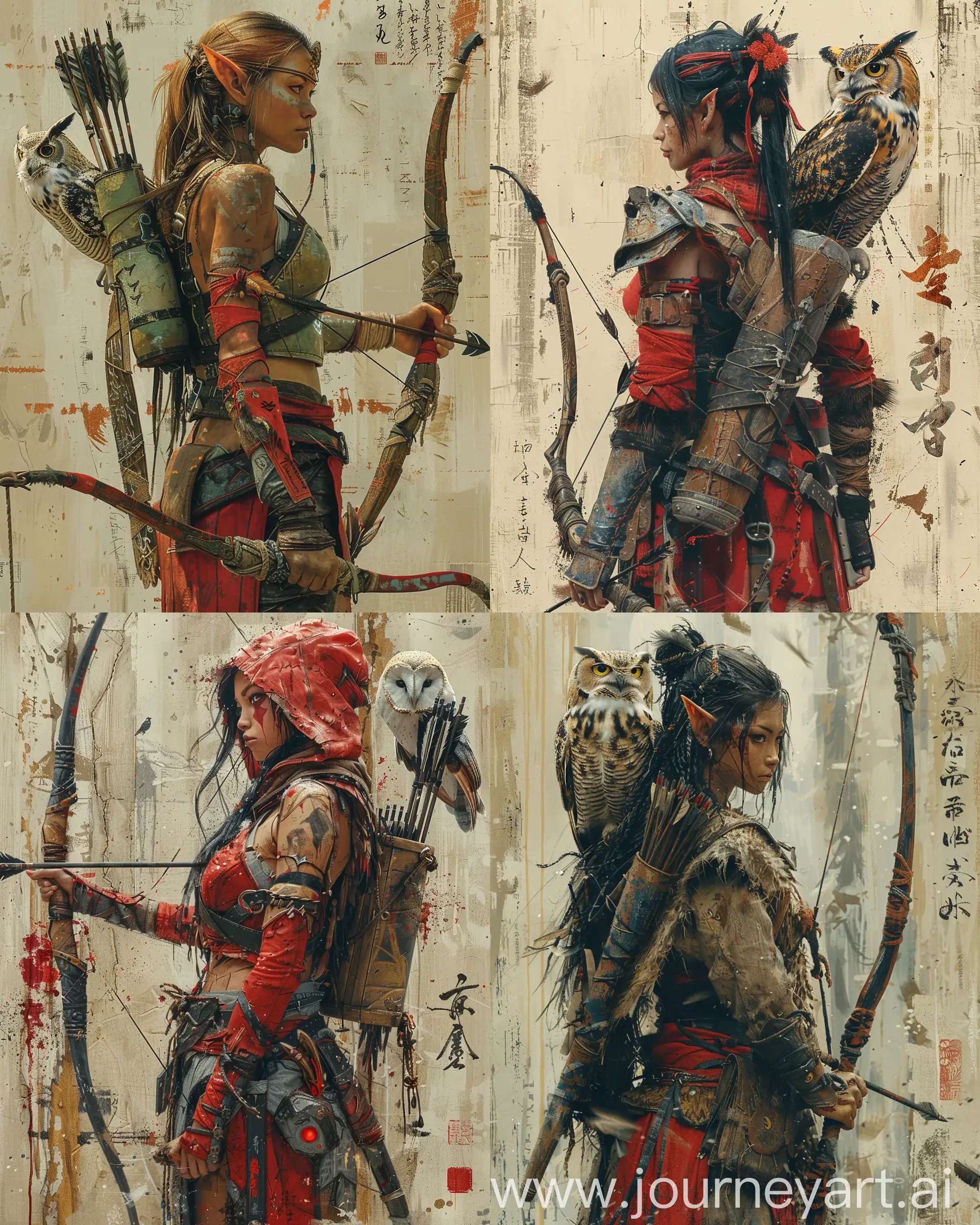 an female beautiful orc archer holding a bow in one hand, quiver slung over her back, ((a majestic owl sitting on her shoulder:2)), fantastic artwork, realistic picture, wabi-sabi art, abstract , punk collage , urbanpunk, flowerpunk, random textures, random graffiti strokes, kanji characters, surreal artwork, Impermanence moody, digital illustration, melancholy, macabre, by suehiro maruo and junji ito --ar 4:5 --s 750