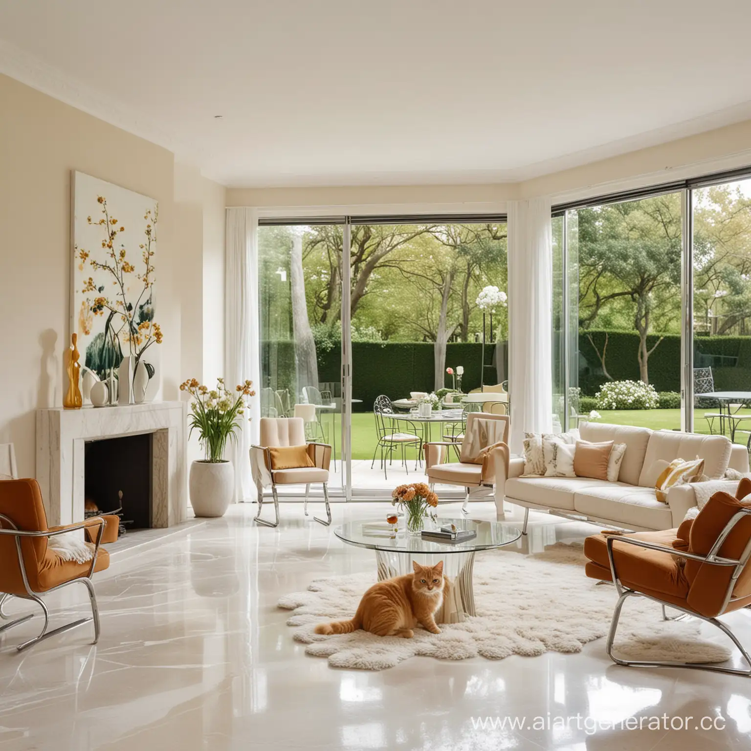 Elegant-Joint-Living-and-Dining-Room-with-70s-Italian-Furniture-and-Ginger-Angora-Cat