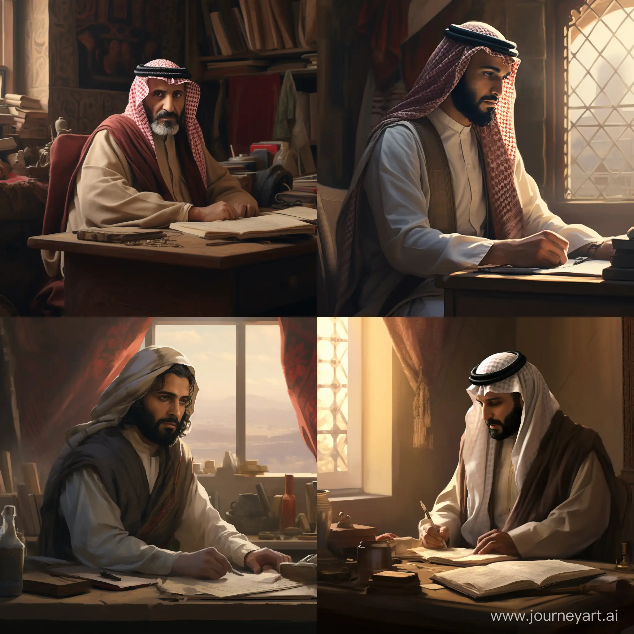 رجل عربي يلبس شماغ حنون اب يجلس على مكتب