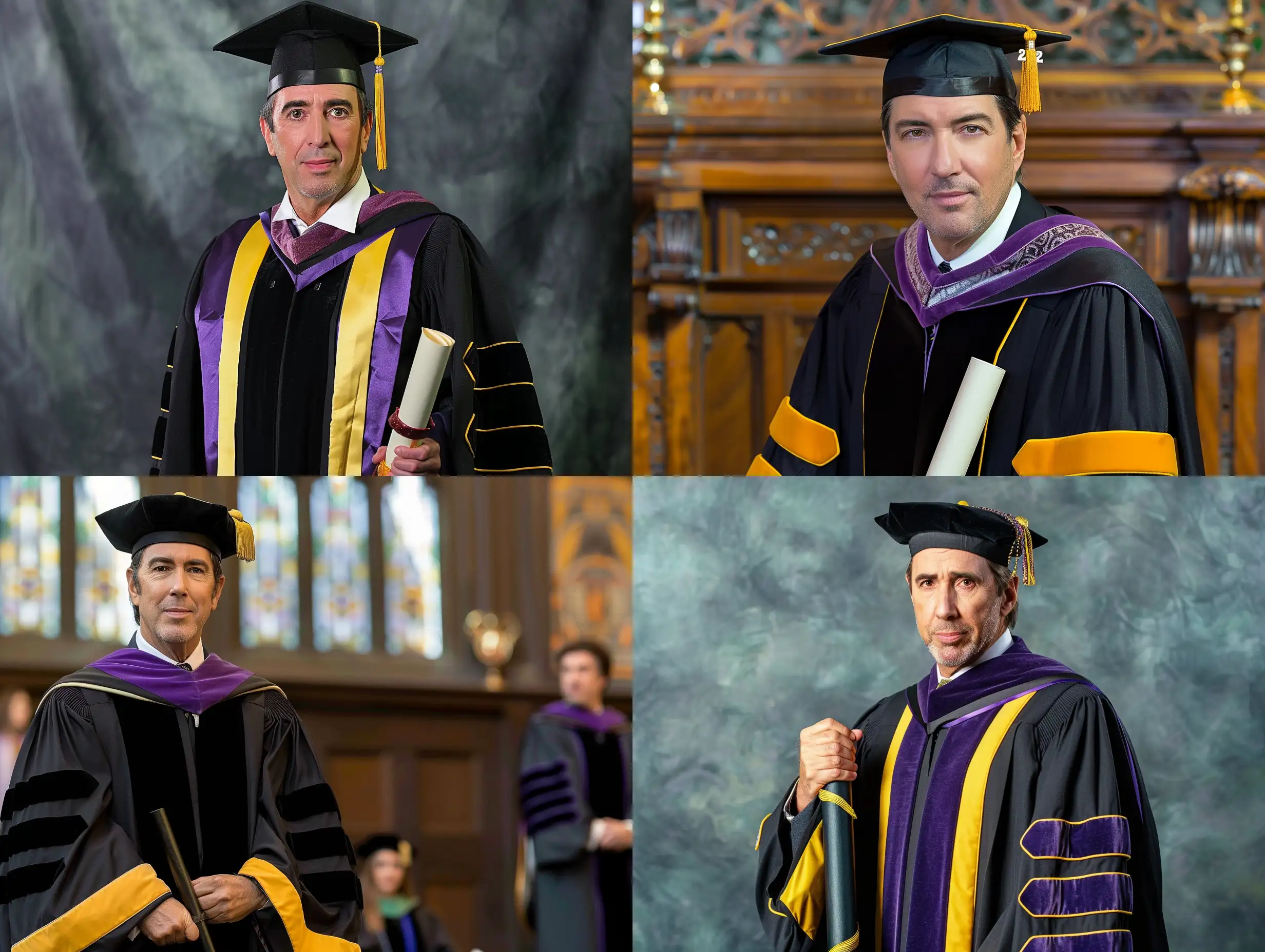 Nicolas Cage in a university graduation photo, wearing a mortarboard cap, holding a scroll, black robes with purple and yellow trim.