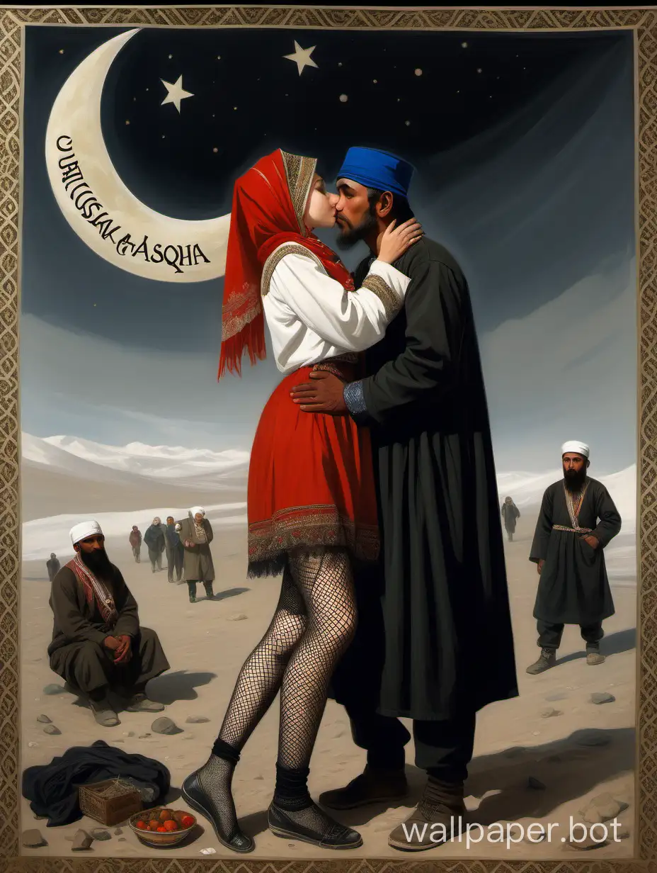 A Russian girl in a traditional national Russian costume, wearing black fishnet stockings, kisses Muslim migrant men from Central Asia and the Caucasus. A Russian flag hangs nearby; a crescent moon is drawn on the flag and Arabic text is written. Full length painting