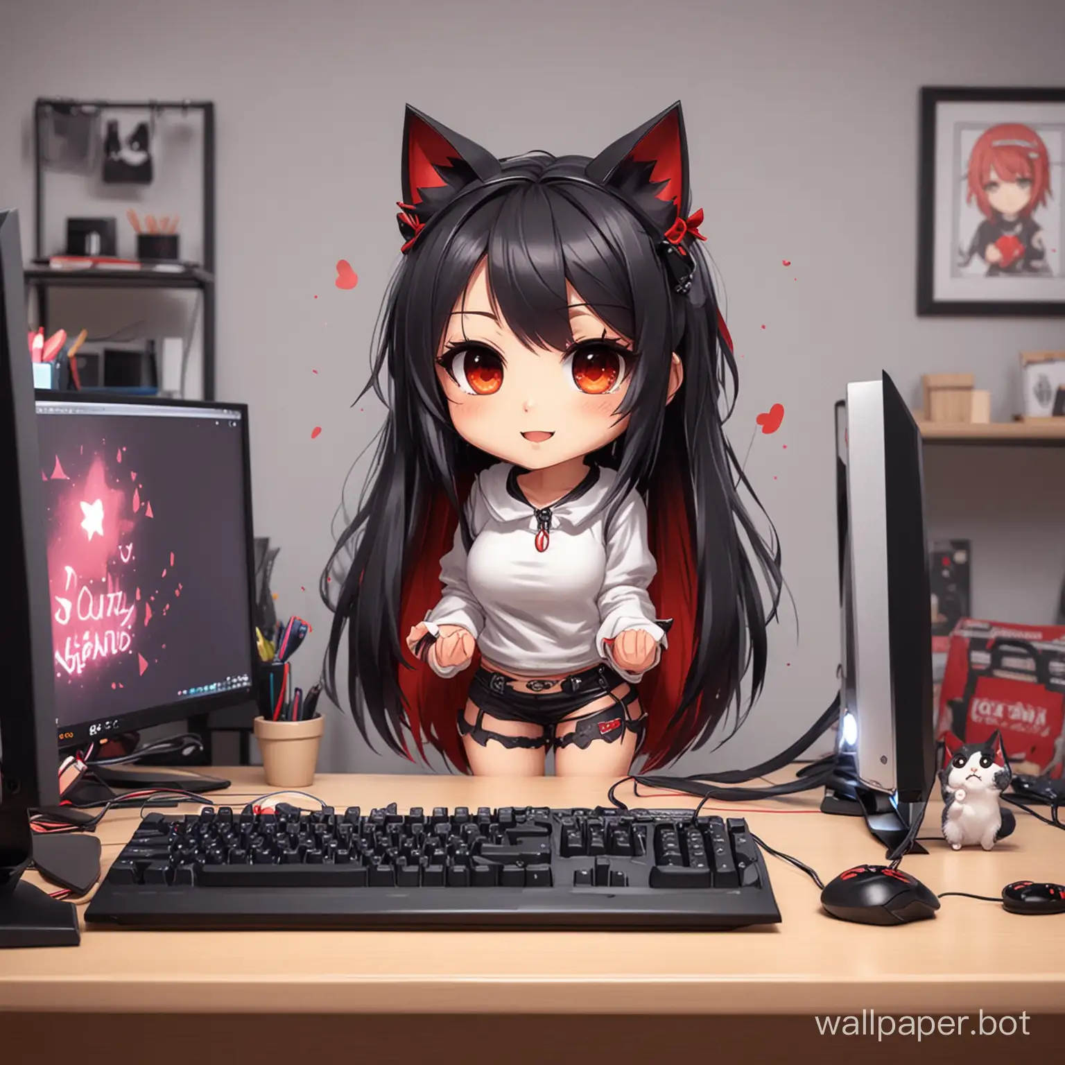 cute anime chibi girl with black hair and red highlights and cat ears celebrating in her room on her fancy gaming pc streaming to her friends