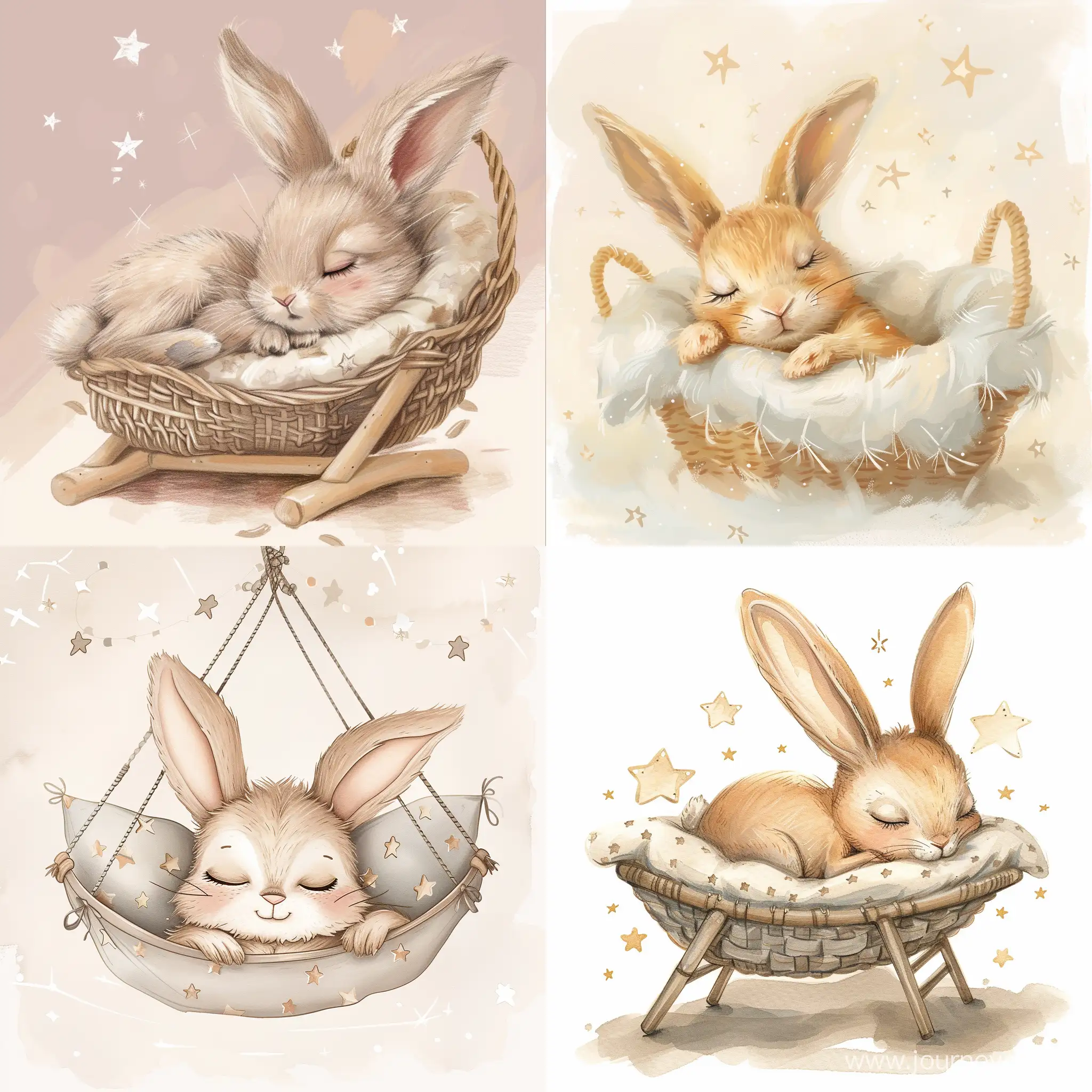 Adorable-Rabbit-Dreaming-in-a-Starlit-Cradle-Childrens-Illustration