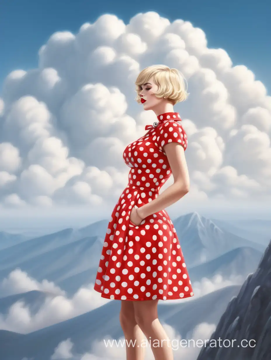 Blonde-Woman-in-Red-Polka-Dot-Dress-Posing-on-Mountain-Top
