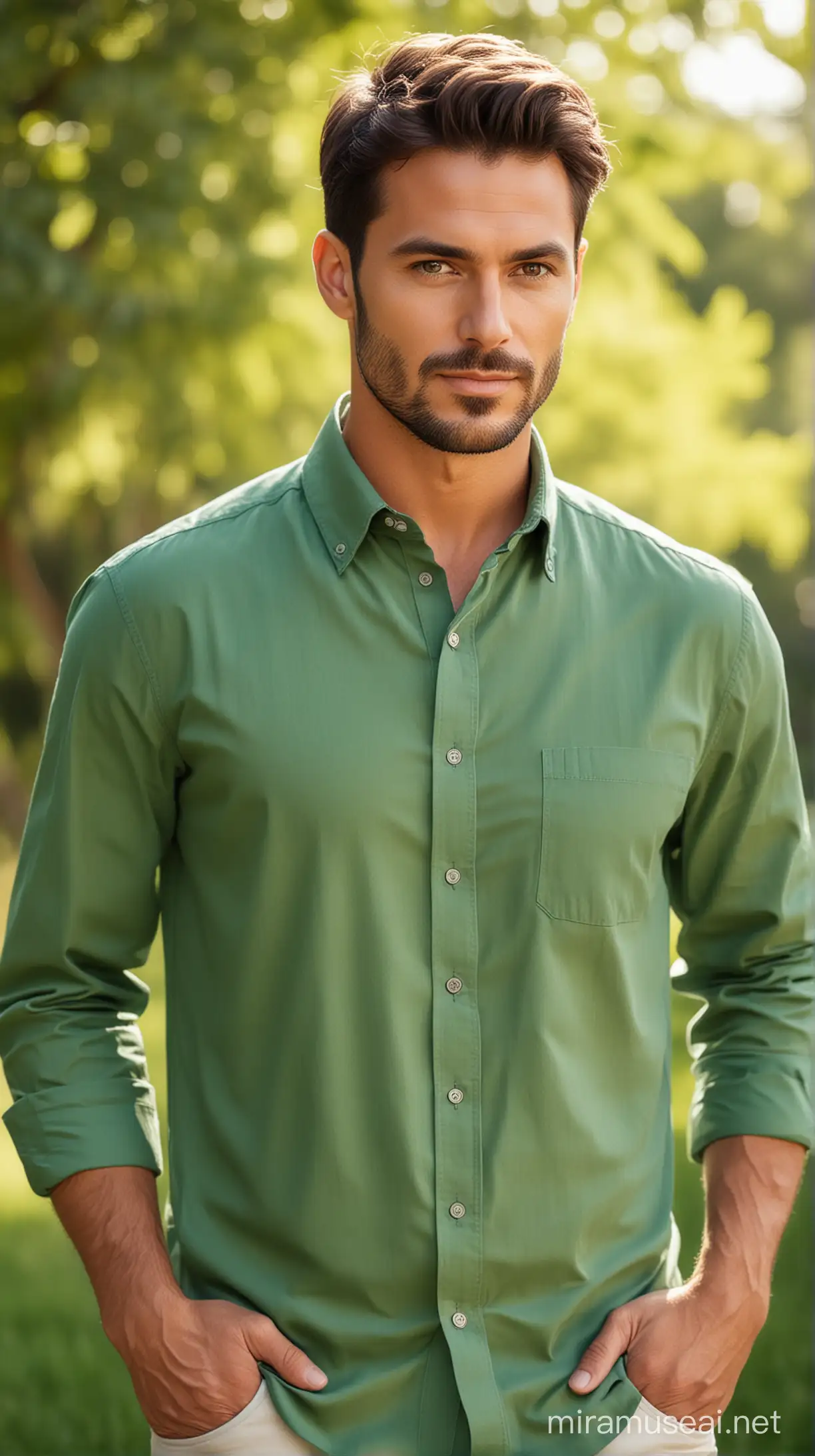 a men wearing solid Green color shirt, wrinkle free, full view, background is summer background, blurred gradient