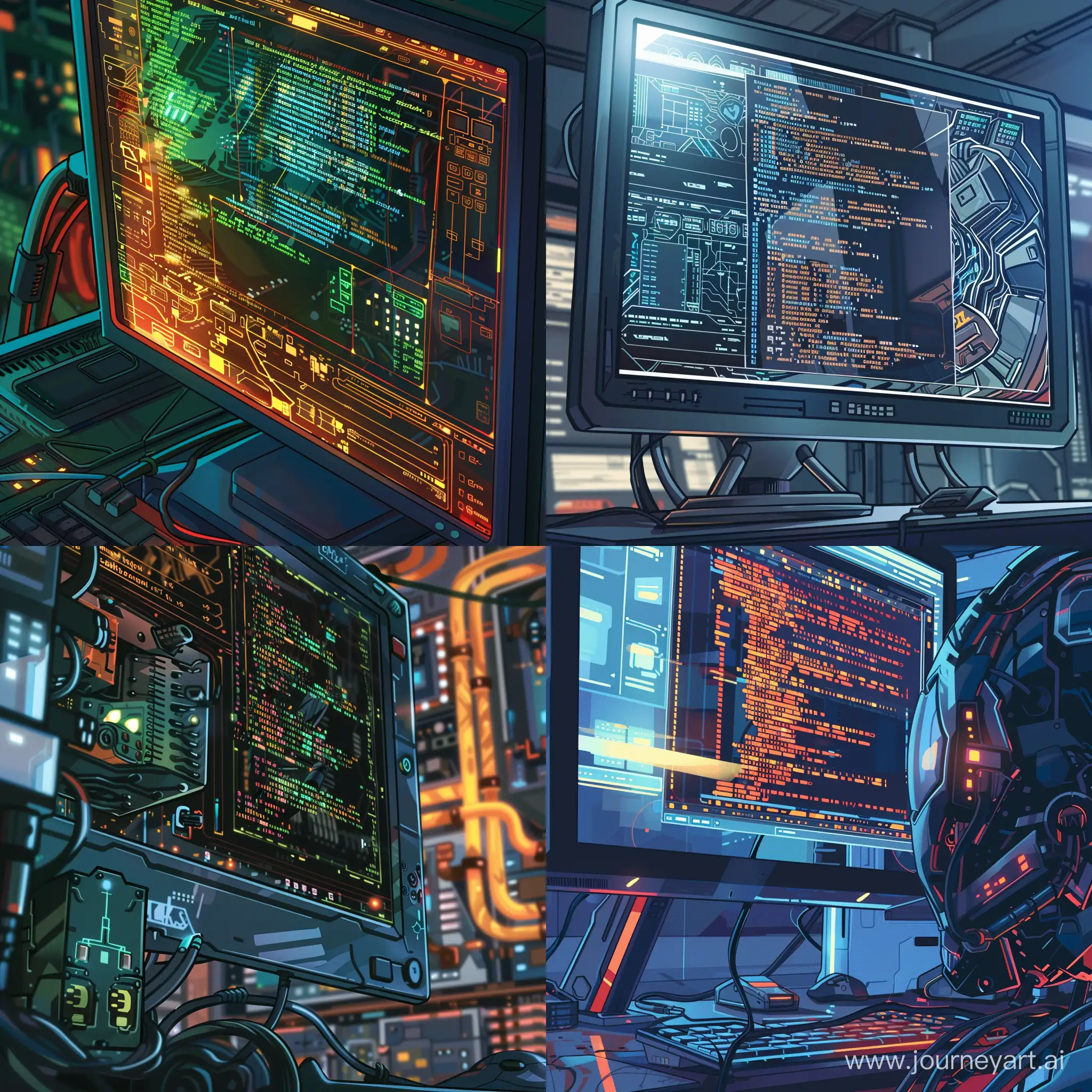 Closeup of a computer monitor in a marvel cartoon style, showing computer hardware that is made purely of software code in a photorealistic style. Software defined everything. Virtualization. Experiment with color theme, and make the picture tidy and sleek. 