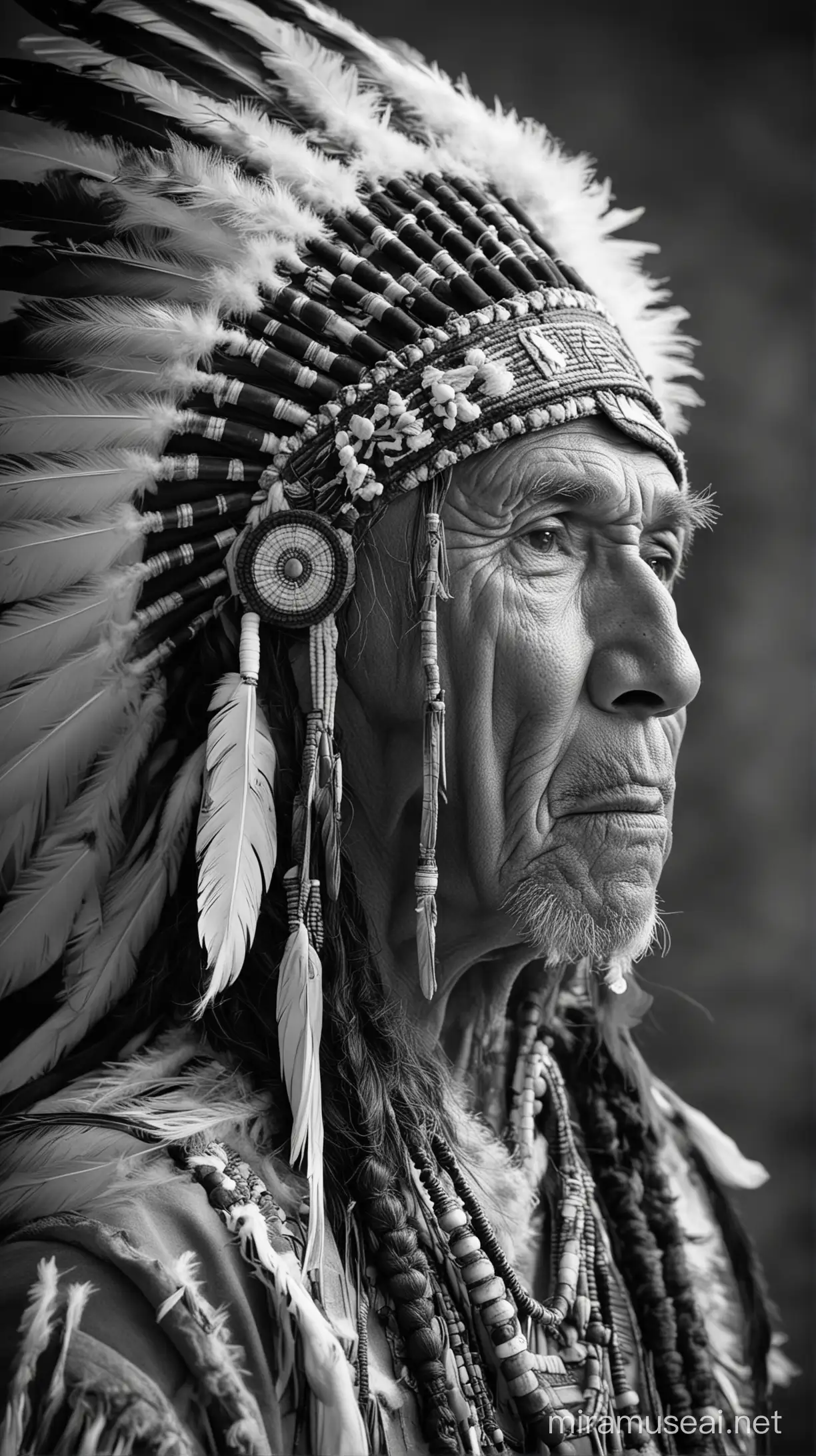 Native American chief, elder, headdress ,black and white, side view, Nikon z9, f8 aperture, 1/125 shutter speed, sharp focus, iso 100 stylize 750