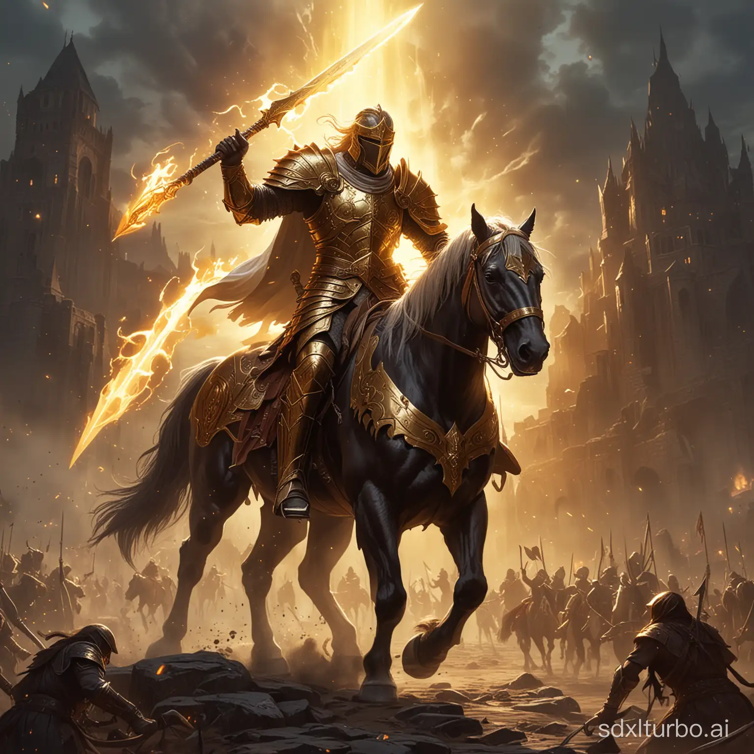 The paladin with shiny golden light rides a horse to chop demon
