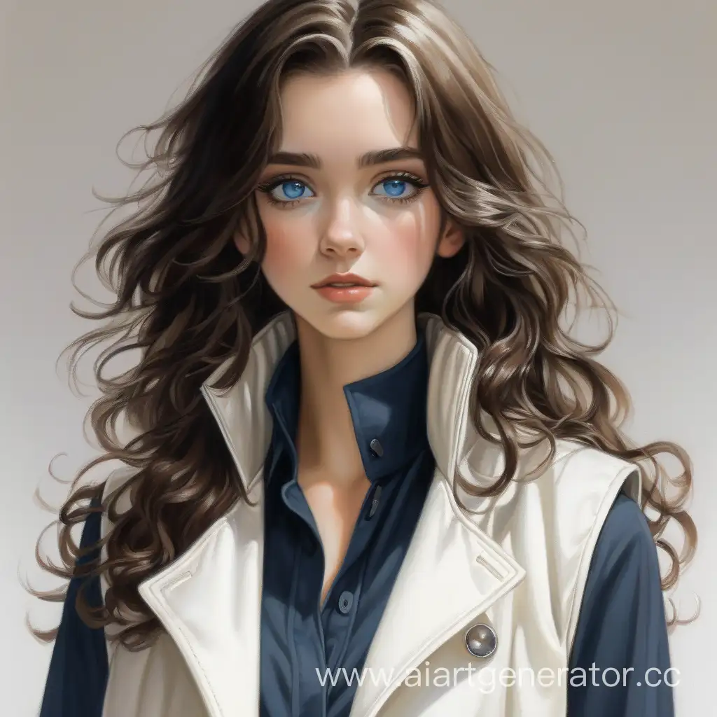 girl, blue eyes, brunette, wavy hair of medium length, dark blouse underneath with long sleeves, a white sleeveless jacket with a high stand-up collar, semi-realism
