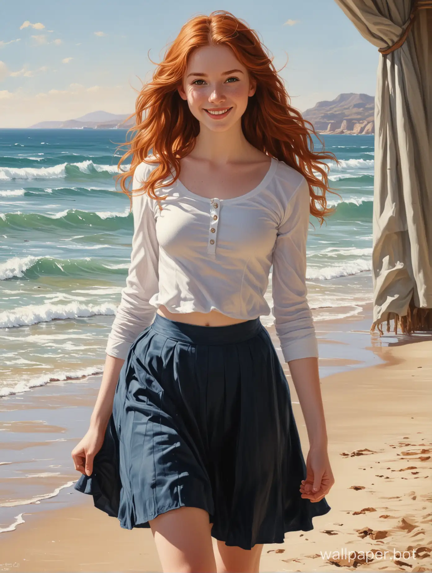 full body perspective, low angle painting of an adorable 18 year old redhead teen walking on the beach, she is pretty, she has green eyes, she has pale skin, she has lots of freckles, she has long light red hair that is wavy and parted in the middle and falls in curtains, wearing a white top, midriff, six-pack abs, wearing a dark blue ankle-length skirt, she has a beautiful innocent face, smiling, beaming, very cute, perfect, sense of wonder, Velazquez painting style 