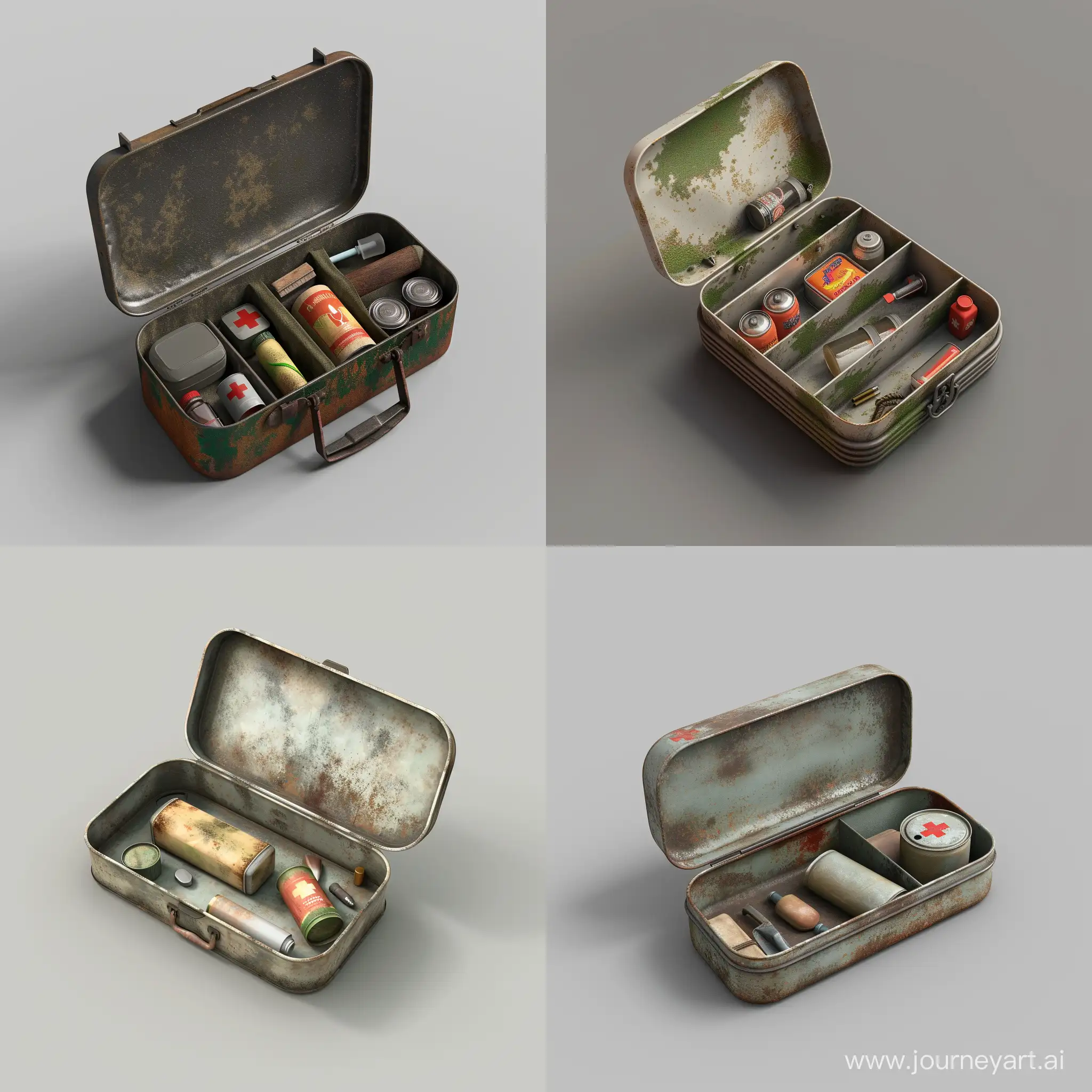 isometric realistic mini very small simple opened survival kit in realistic worn oblong metal case, 3d render, stalker style, less details, hunting first aid, hygiene, canned