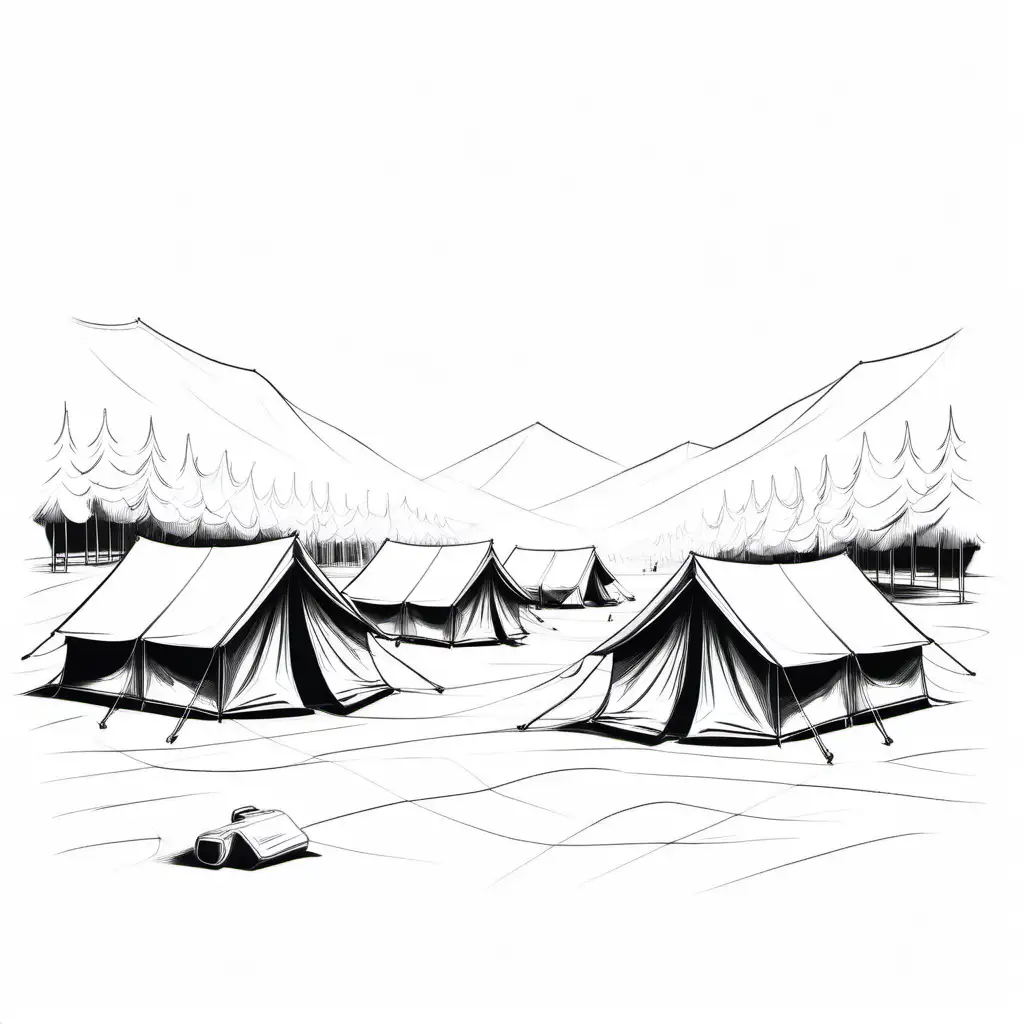 Minimalist Black and White Line Sketch of Camp Tents