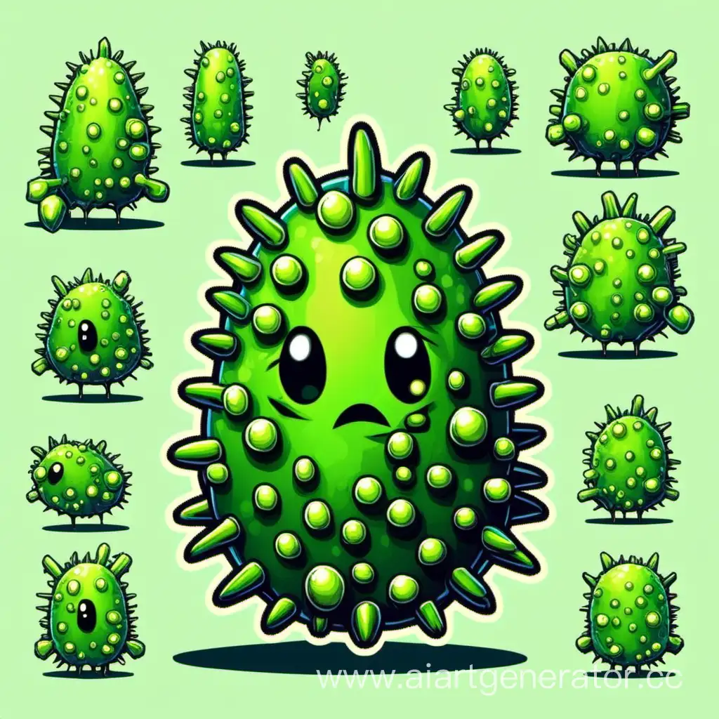 2D game sprite, small green prickly bacterium
