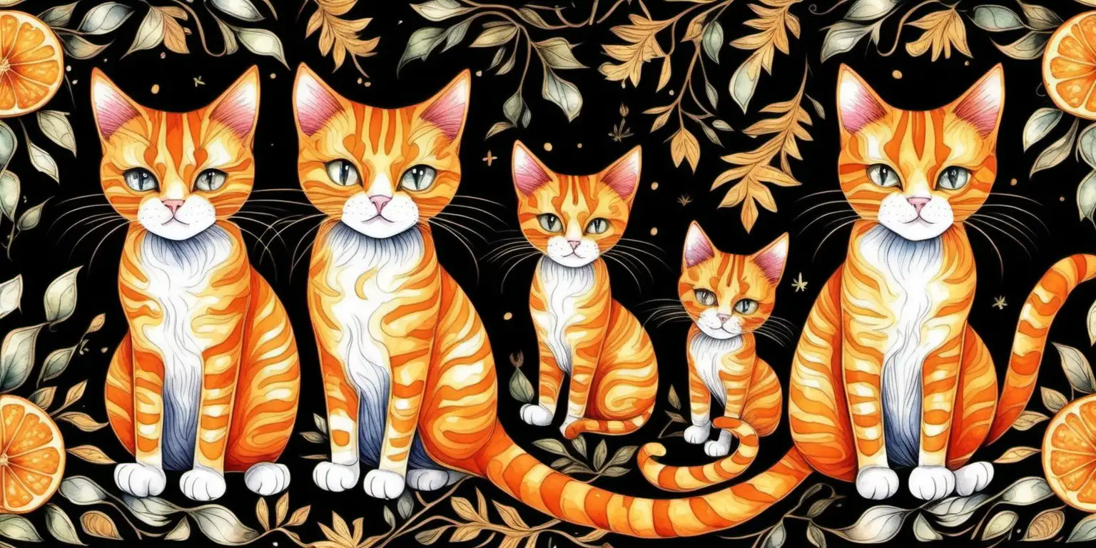 HyperDetailed Orange Cats in Watercolor Style on Black Background