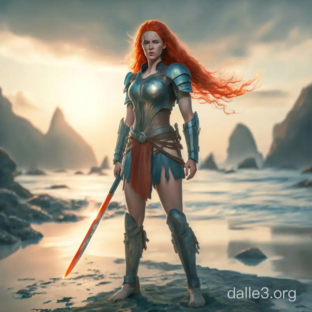 Hyper realistic image of a red headed female warrior holding a glowing sword on a deserted island.