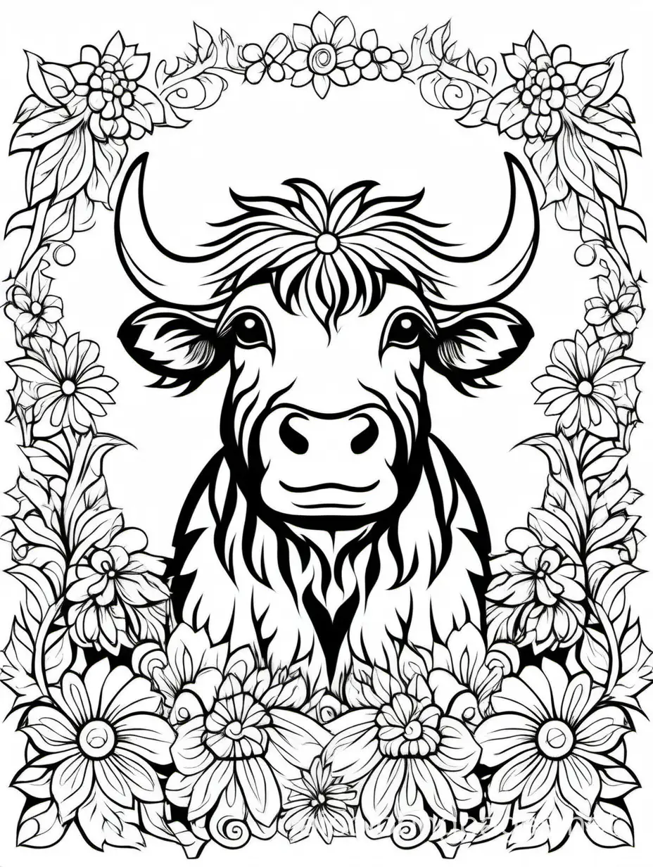 Yak in flowers for adults for women, Coloring Page, black and white, line art, white background, Simplicity, Ample White Space. The background of the coloring page is plain white to make it easy for young children to color within the lines. The outlines of all the subjects are easy to distinguish, making it simple for kids to color without too much difficulty