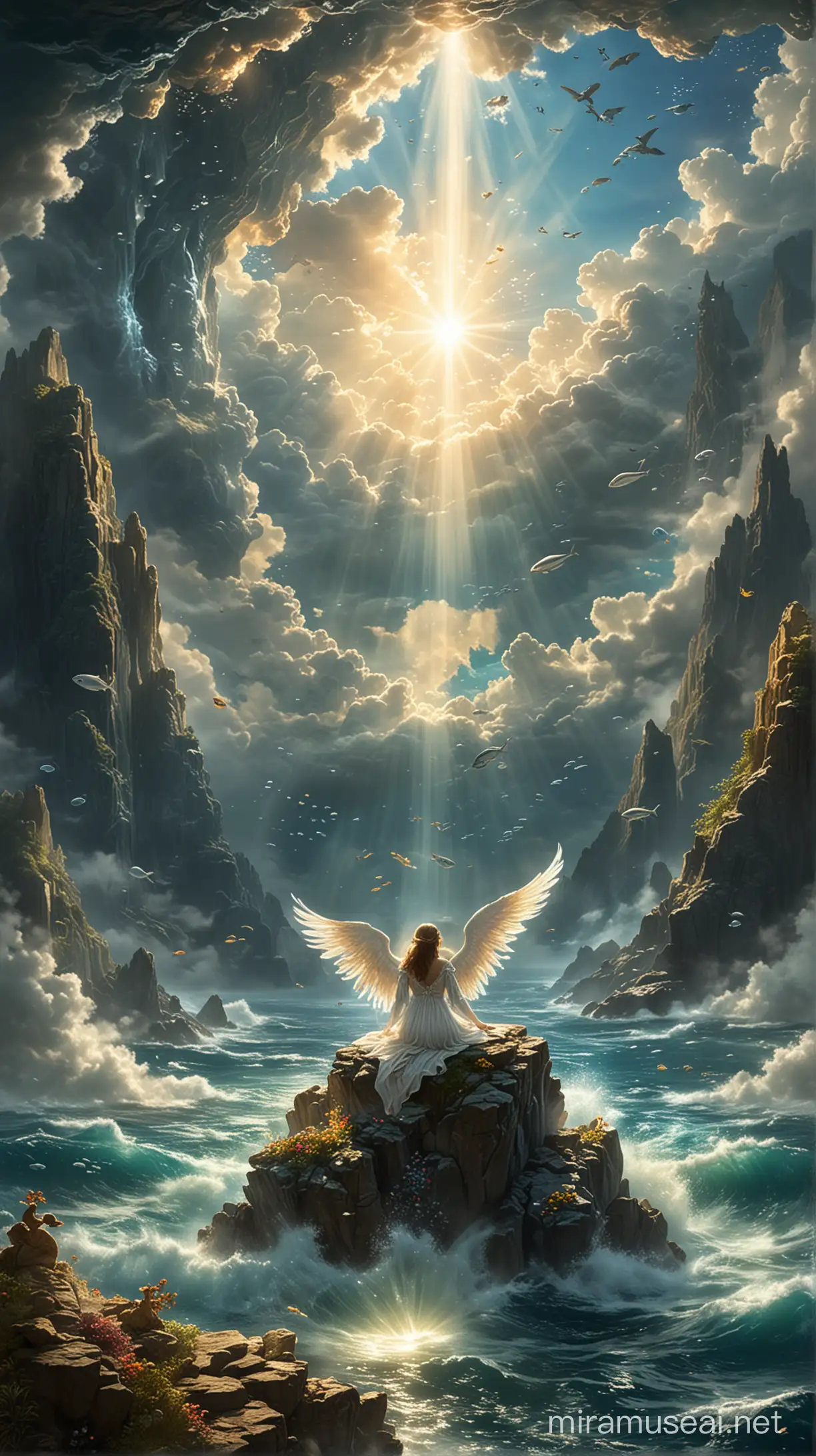 The angel of love is sitting on a mountain top, looking down at the undersea world, with sunlight shining through the clouds.