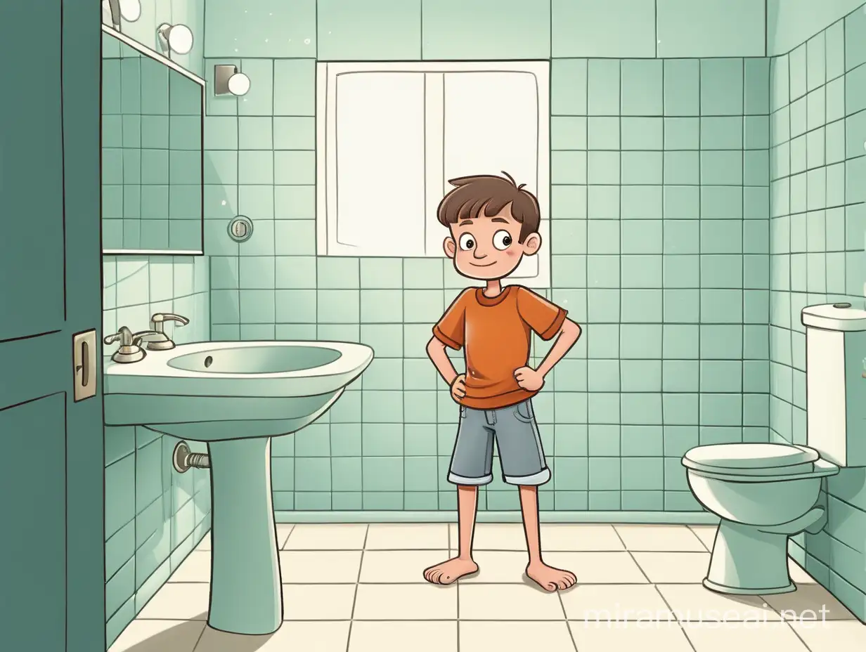 Cheerful Boy Standing in Cartoon Bathroom